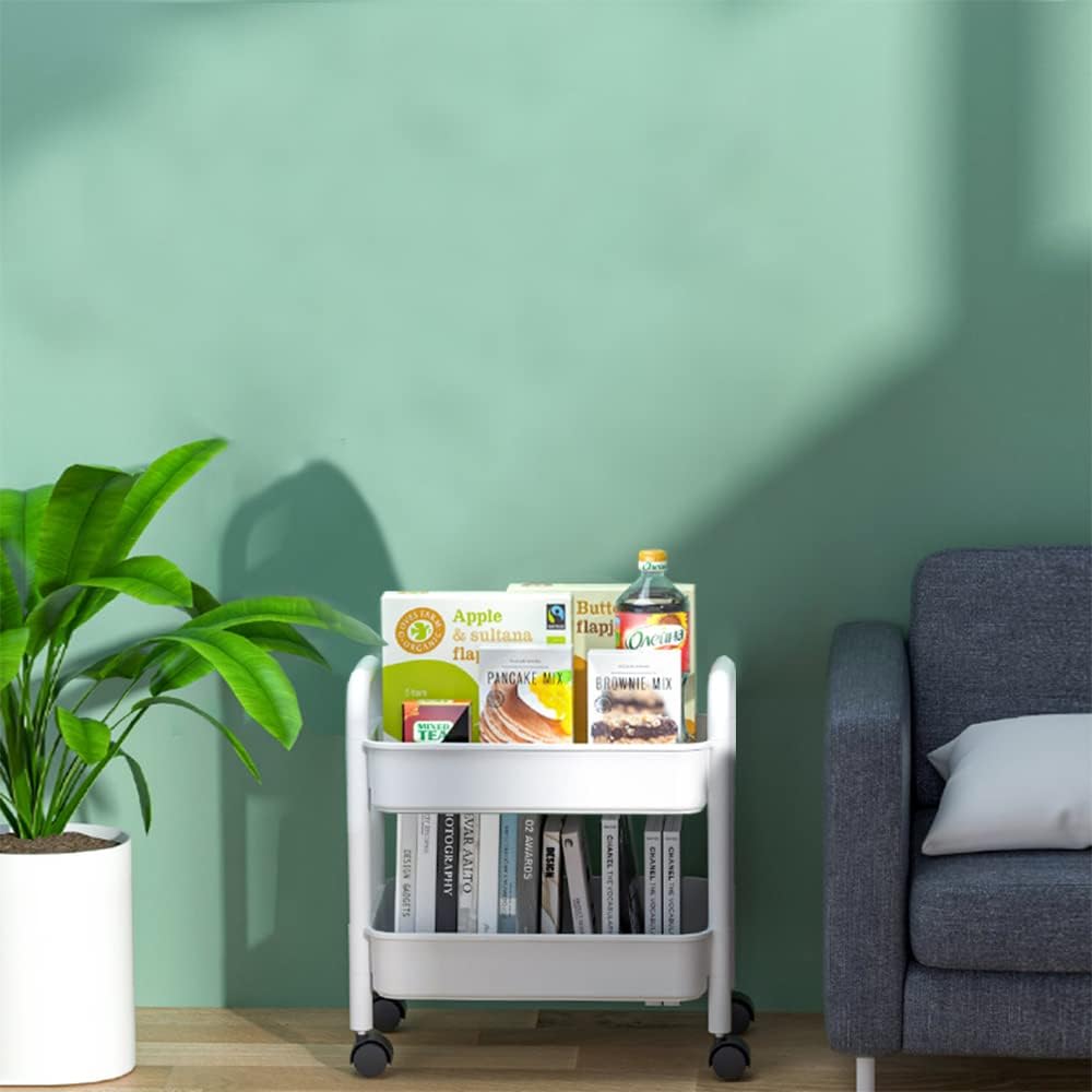 Melody House 2-Tier Utility Rolling Cart Storage Organizer Sofa Side Table with Wheels, Under Desk Mobile Trolley Organizer with Handle for Office Home Kitchen Organization, White