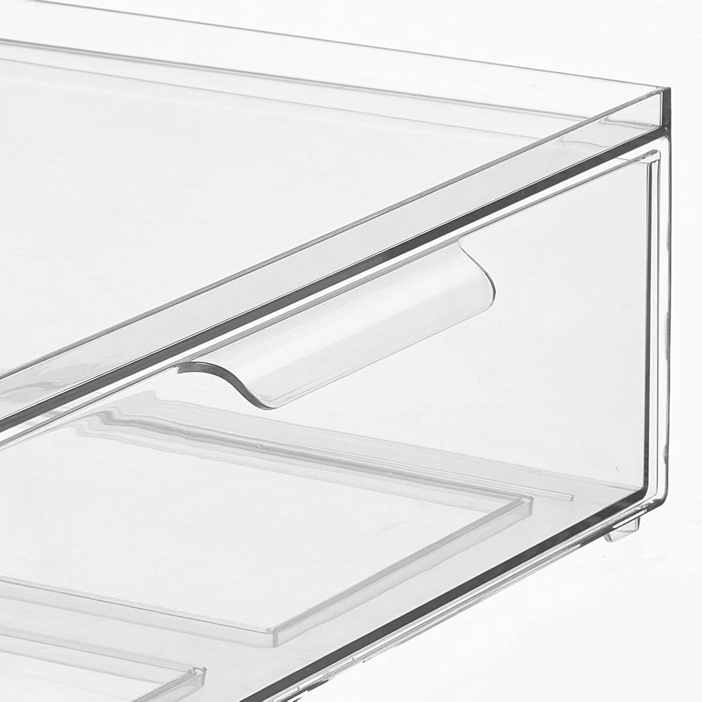 mDesign Plastic Wide Stackable Kitchen Storage Organizer Bin Containers with Front Pull Drawer for Cabinet, Pantry, Fridge, Freezer, Shelf, Refrigerator Organization, Lumiere Collection, 4 Pack, Clear