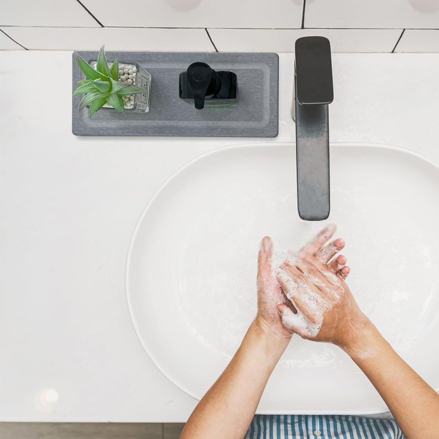 2 PCS Water Absorbing Stone Trays for Bathroom Sink & Kitchen Counter, Fast-Drying Diatomite Sink Coasters, Vanity Tray, Hand Soap Holder with Anti-Skid Pads (11" x 4.7" Gray)