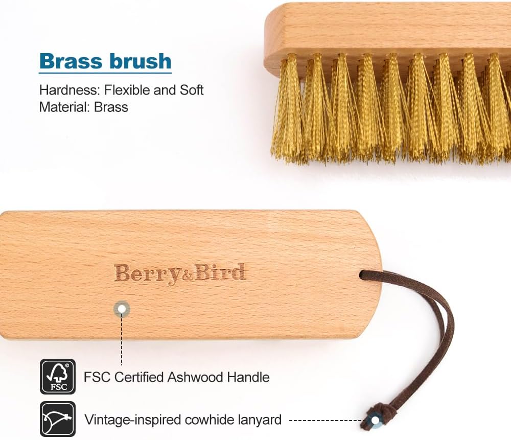 Berry&Bird Brass Brush, Ashwood Premium Brass Wire Brush with Cowhide Lanyard, Heavy Duty Wire Brushes for Cleaning Garden Tool, Rust Removal, Automotive, Paint