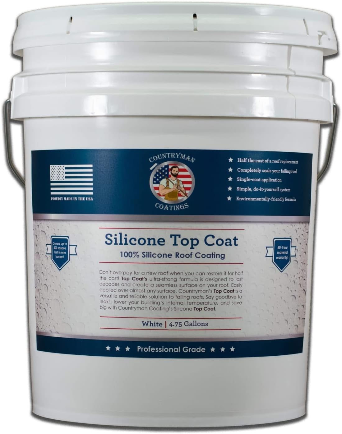 Countryman Coatings 100% Silicone Roof Coating - Restore Your Roof in a Day - Seal Leaks, Cracks, Seams, Penetrations - Adheres to All Surfaces (4.75 Gallon, White)