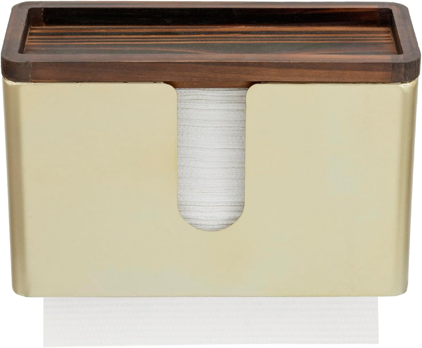 MyGift Deluxe Modern Brass Tone Metal Folded Commercial Paper Towel Holder with Burnt Solid Wood Tray Lid, Wall Mounted Trifold Multifold Z Fold Disposable Napkin Dispenser