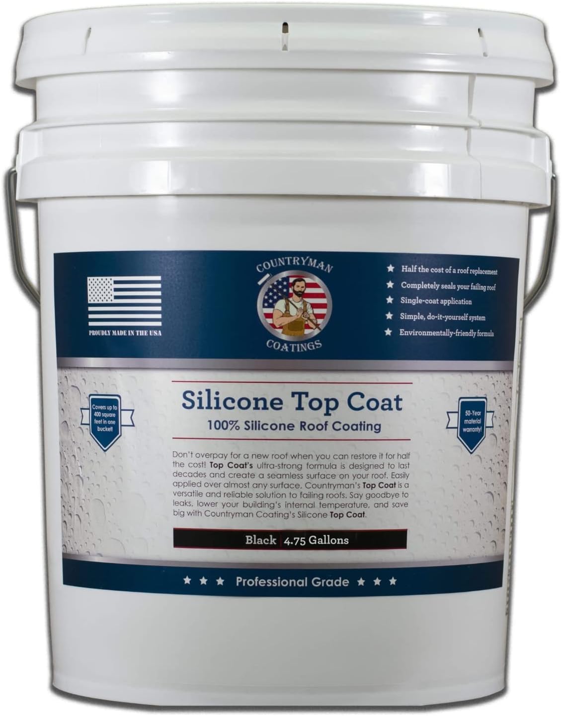 Countryman Coatings 100% Silicone Roof Coating - Restore Your Roof in a Day - Seal Leaks, Cracks, Seams, Penetrations - Adheres to All Surfaces (4.75 Gallon, Black)