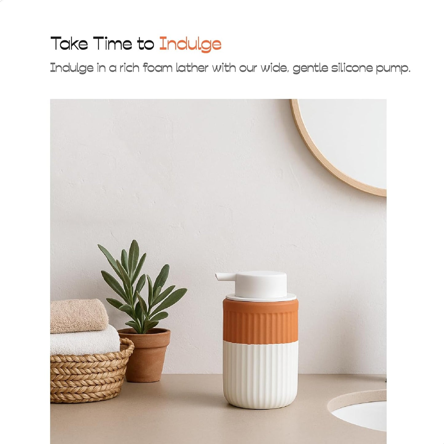 2 Pack Hand Dipped Terracotta Ceramic Foam Soap Dispenser, 12 oz Rippled Bubble-Up Bottle with White Silicone Pump, Refillable Orange Hand Soap Dispenser for Bathroom