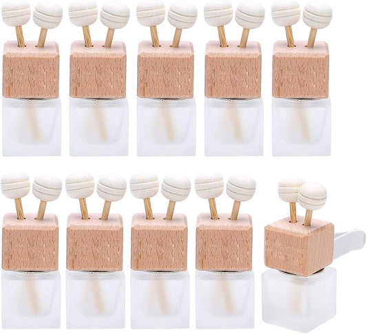 10 Pack,8ml Matte Glass Car Air Freshener Perfume Clip Diffuser,Empty Essential Oil Perfume Vials Diffuser Vent Outlet,Thick Glass Ornament With Wooden Caps,FREE Funnel,Dropper