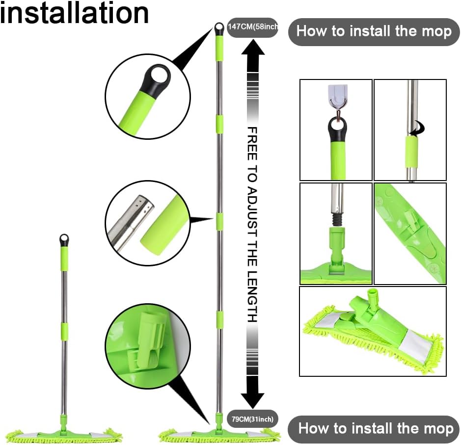 Dust Mop for Floor Cleaning with 2 Washable Chenille Pads and Extendable 58” Long Handle, Dry Wet Flat Mop with Scouring Pad for Hardwood, Laminate, Tile, Marble ,Green