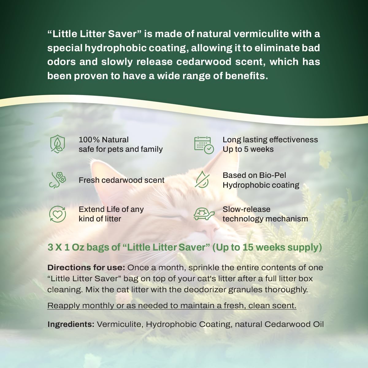 Little Litter Saver | a New Generation Of Cat Litter Box Deodorizer | Unique Formula for Slow Release | Natural Fresh Scent | Up to 15 Weeks Supply | 3 x 0.5oz bags (Cedar)