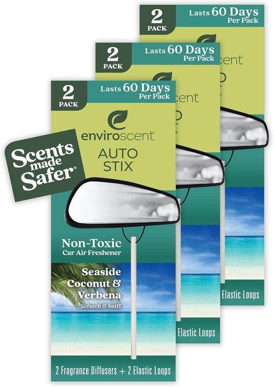 Enviroscent Non-Toxic Car Air Freshener (Seaside Coconut & Verbena) Natural Car Air Freshener | Essential Oil Diffuser | Car Scent Lasting Over 180 Days | 3 Packs of 2 Hanging Auto Stix