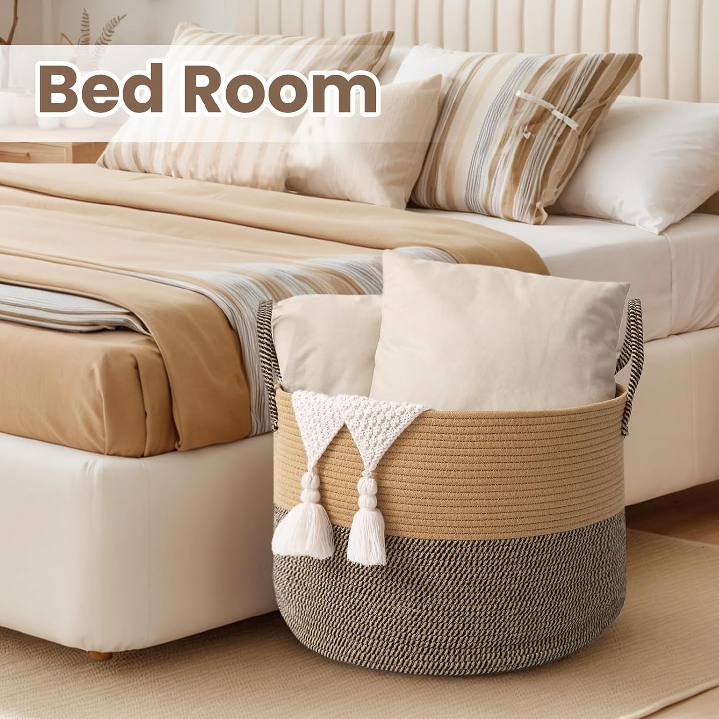 Woven Blanket Basket,65L Large Rope Storage Bin with Handles, Organizer for Blankets Toys Book and Clothes, Laundry Basket for Living Room Bedroom Nursery,Jute&Black