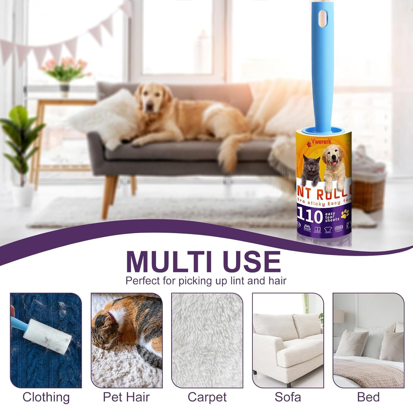 Lint Rollers for Pet Hair Extra Sticky, 660 Sheets Value Set/6 Lint Roller Refills with 3 Durable Handles, Pet Hair Roller for Clothes, Furniture, Carpet