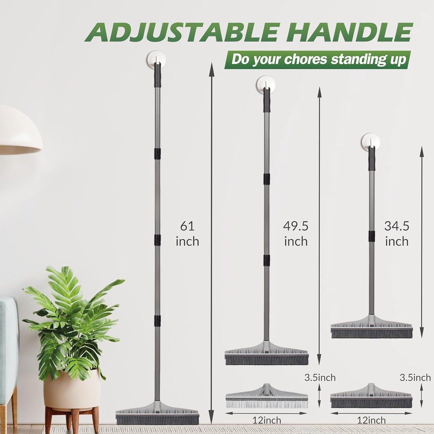 Walensee Carpet Rake for Pet Hair Removal, 61" Carpet Hair Cleaning Tool with Adjustable Long Handle, 2-in-1 Rubber Broom and Nylon Carpet Brush for Fur Rug, Stairs and Mats - Washable, Durable