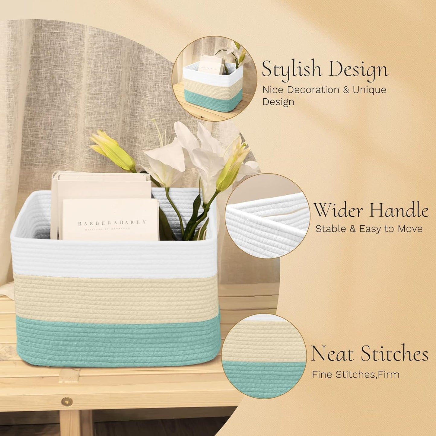 Hopegiver Woven Storage Baskets 15x11x10 Inch, 1 Pack Collapsible Cube Storage Bin for Shelves - Foldable Cotton Rope Organizer Bins for Towels, Toys, Books, Closet, Nursery (White Cream Green)