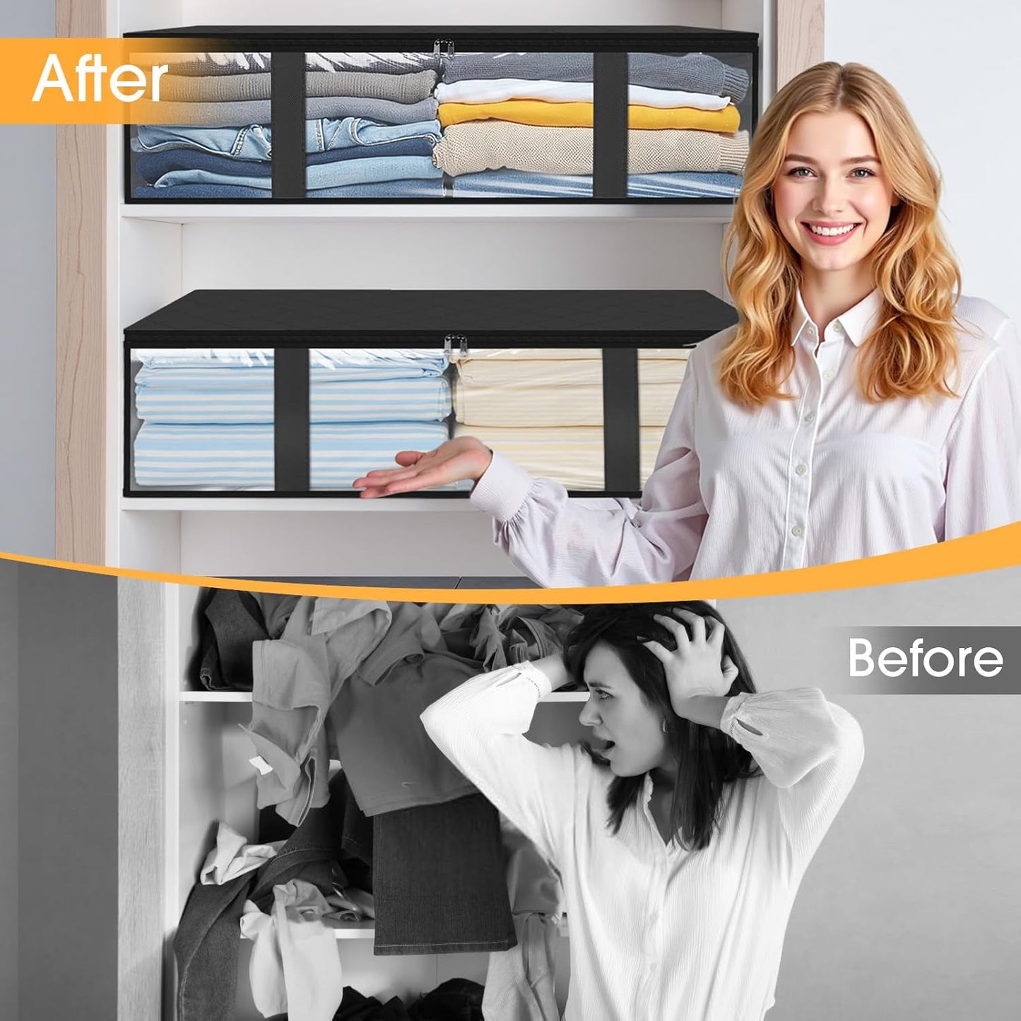 StorageRight Under Bed Storage Bins, 2-Pack 40L Foldable Fabric Storage Bags with Transparent Window, Breathable Organizer for Clothes/Blanket/Comforter/Quiltr, Black