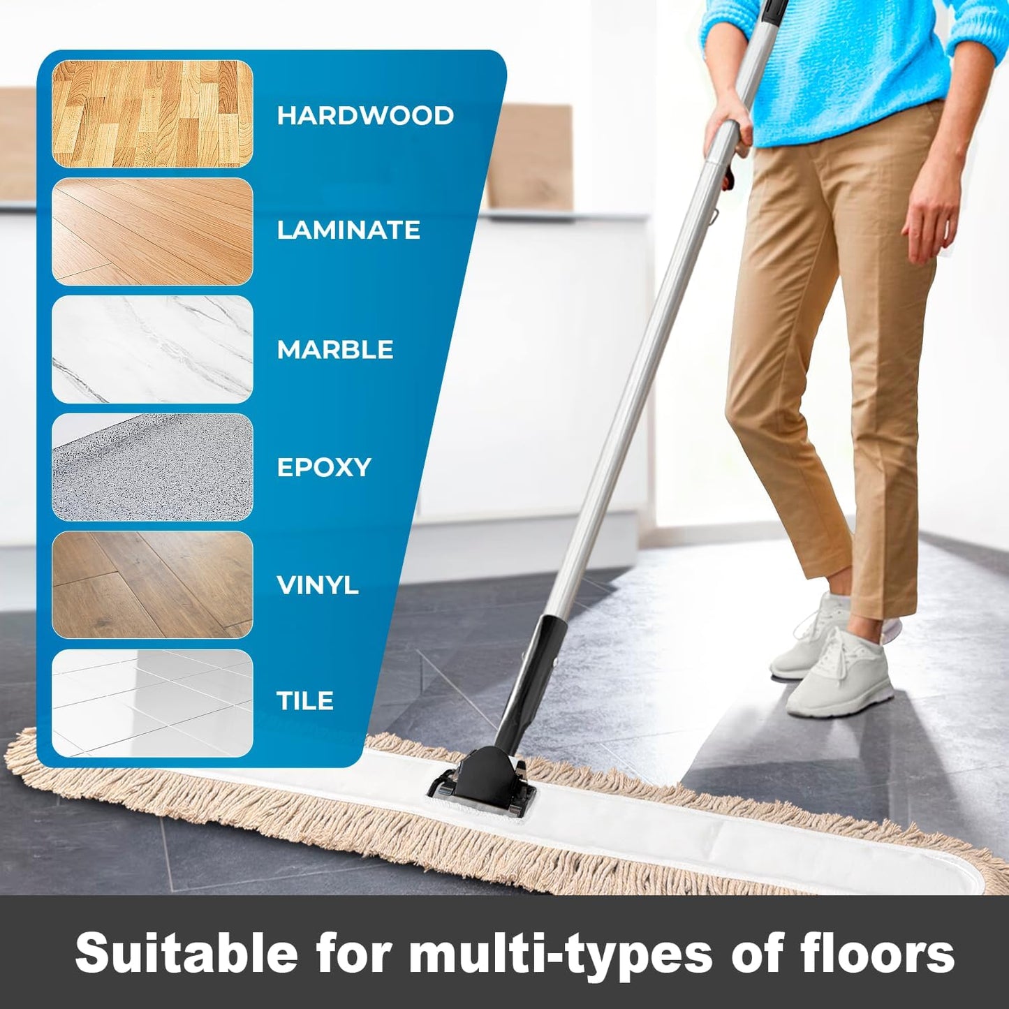 Commercial Dust Mop & Floor Sweeper,48" Industrial Dry Mop with Heavy Duty Long Handle, Premium Cotton Dust Mop Head for Hardwood Floors, Industrial, Commercial, and Residential Cleaning