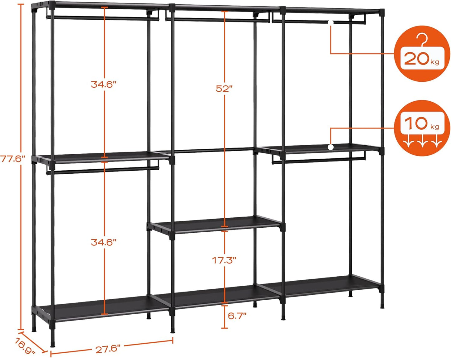 Clothes Rack, Portable Closet, 80.7 Inch Extra Large Capacity Wardrobe Closet, Clothes Storage Organizer with Shelves and 5 Hanging Rods, Easy to Assembly, Black PCT036B01