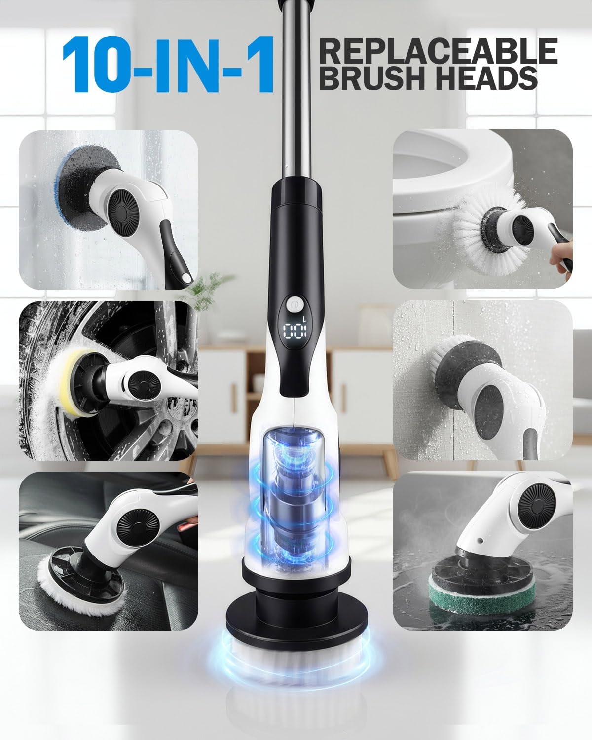 Electric Spin Scrubber with 10 Replaceable Brush Heads, IPX7 Waterproof Shower Scrubber with Long Handle, 3-Speed Adjustable Bathroom Scrubber Electric with Rotating Cleaning Brush