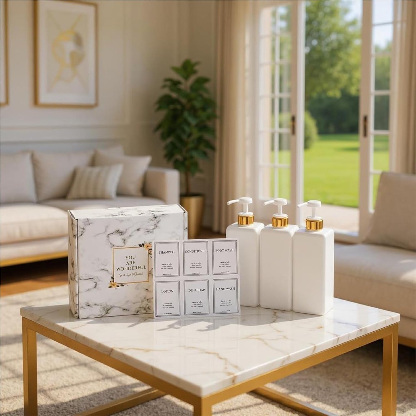 Modern Gold Design Large 27 oz Shampoo and Conditioner Dispensers - Empty Plastic Refillable Pump Bottle Set for Bathroom Shower Soap Dispenser, Set of 3 (White)