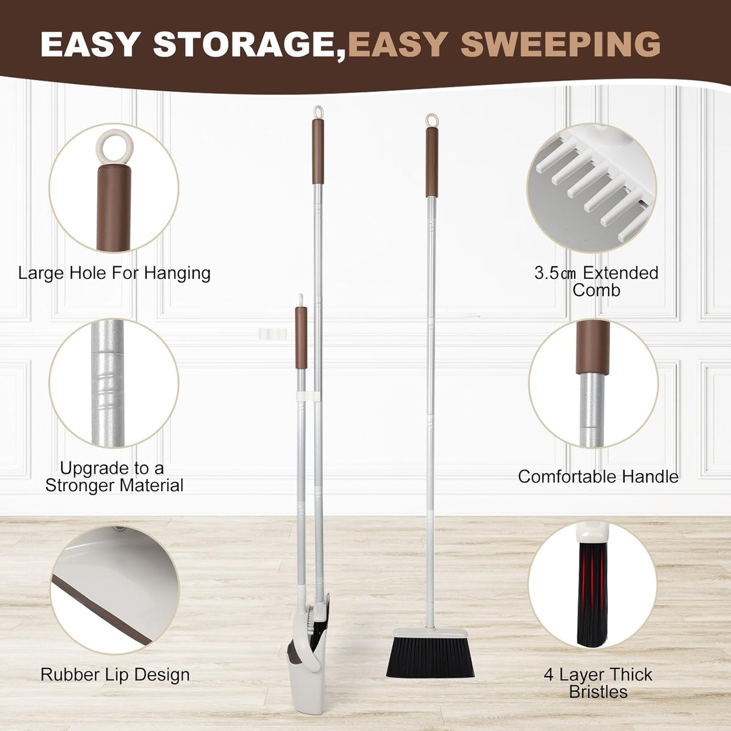 54" Long Handled Broom and Dustpan Set - Perfect Dust Pan and Brush Combo for Efficient Cleaning, Brown and White