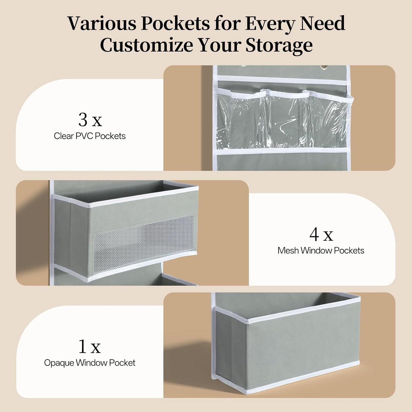 LAMU 6-Tier Over The Door Organizer, Swing - Proof Closet Door Organizer, Flexible 1 Split into 2 Over The Door Storage Organizer for Nursery, Bathroom, Bedroom, Grey, 5 x 14 x 61in