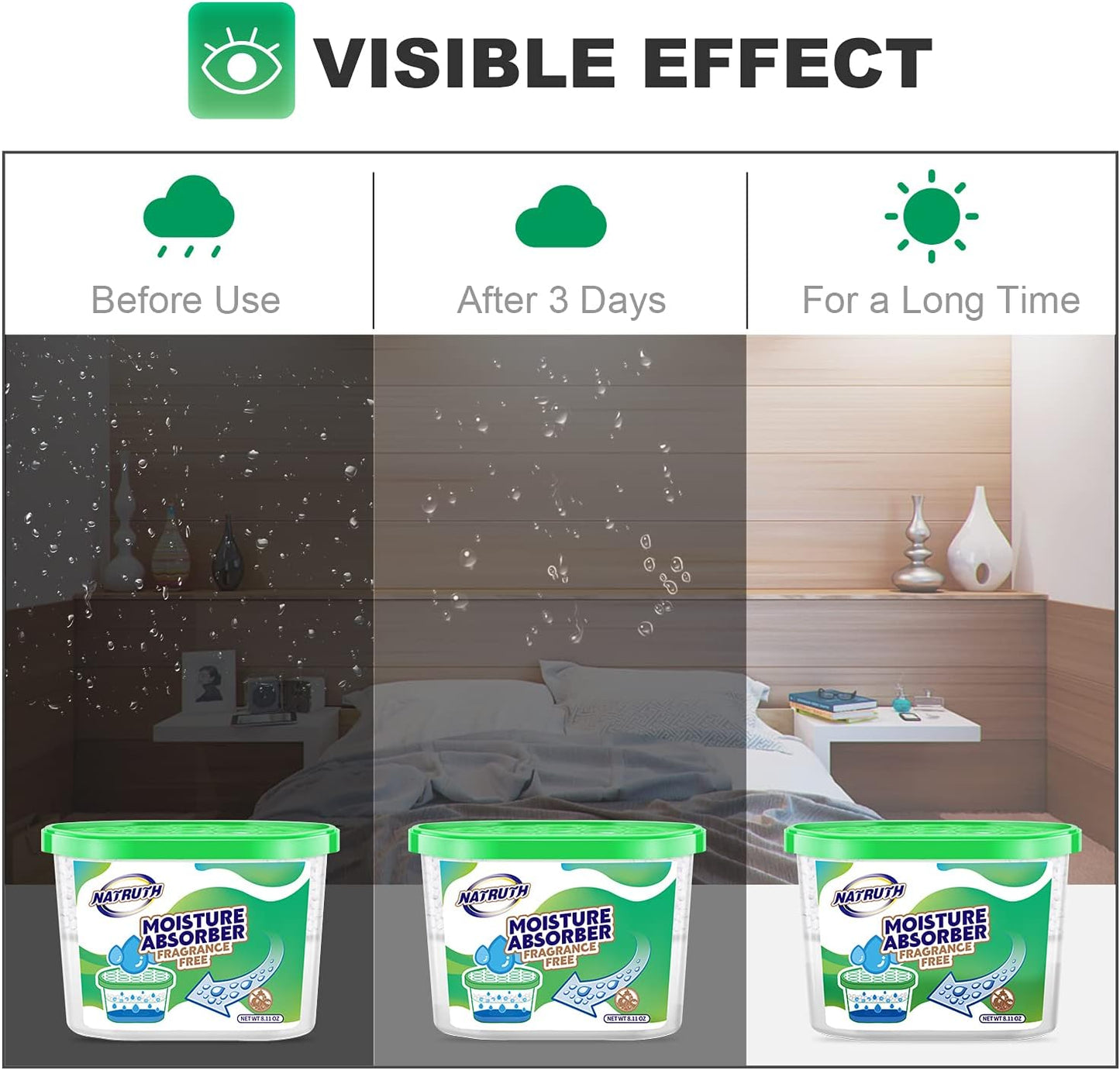 NATRUTH Moisture Absorber boxes, Unscented 500ml(6 PACKS)*10.5OZ Closet Dehumidifier, Eradicate Odor Moisture Absorbers Bucket,Dehumidifier for Closet,Bathrooms, Kitchen & Study, Boats,RVs (Green)