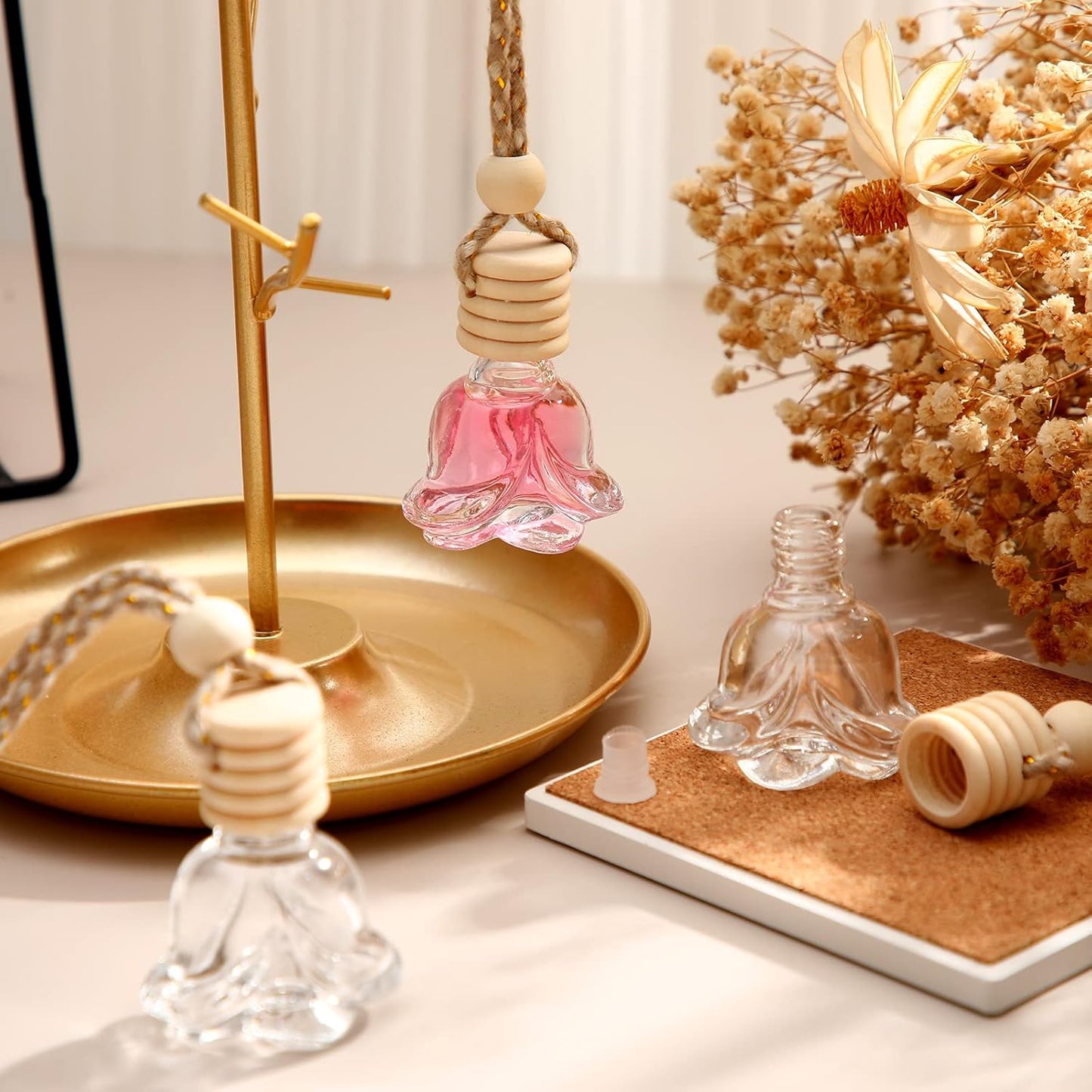 BBTO 50 Pcs Hanging Car Air Freshener Car Diffuser Bottles Empty Glass Perfume Bottle Freshener Diffuser Bottle Pendant for Essential Oil Fragrance Aromatherapy Bottle Ornament(Rose)