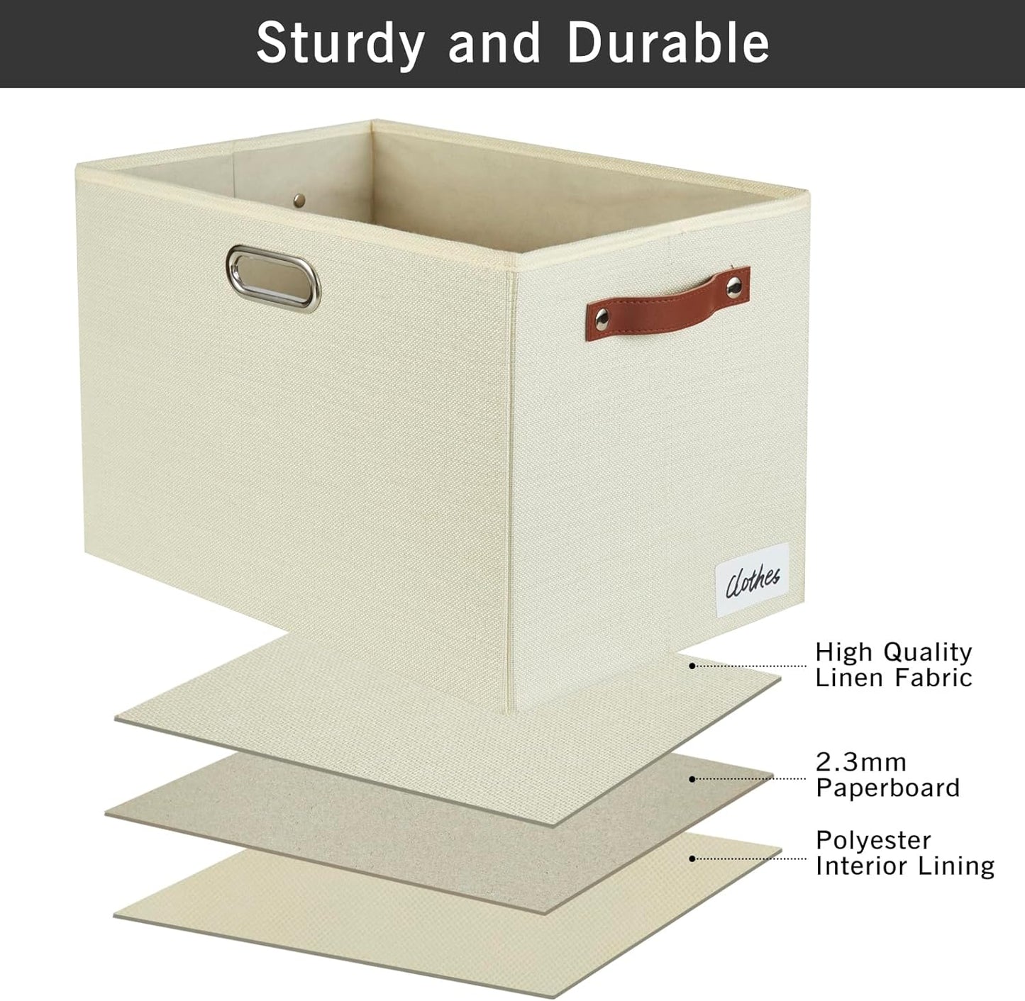 3-Pack Foldable Fabric Storage Bins with Durable PU & Metal Handles, Collapsible Storage Baskets for Shelves, Home Storage, Closet Organizers, Living Room(17"x11.8"x11.8", Beige)