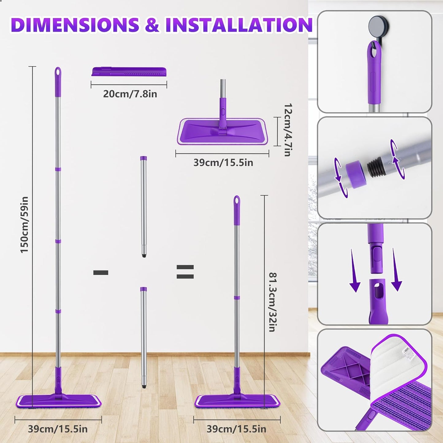 Microfiber Mops for Floor Cleaning - BPAWA Flat Floor Mop with 4 Reusable Washable Pads fit for Swiffer Powermop Kitchen Wet Dry Dust Mop for Hardwood Laminate Wood Tile Ceramic Vinyl Wall Floors