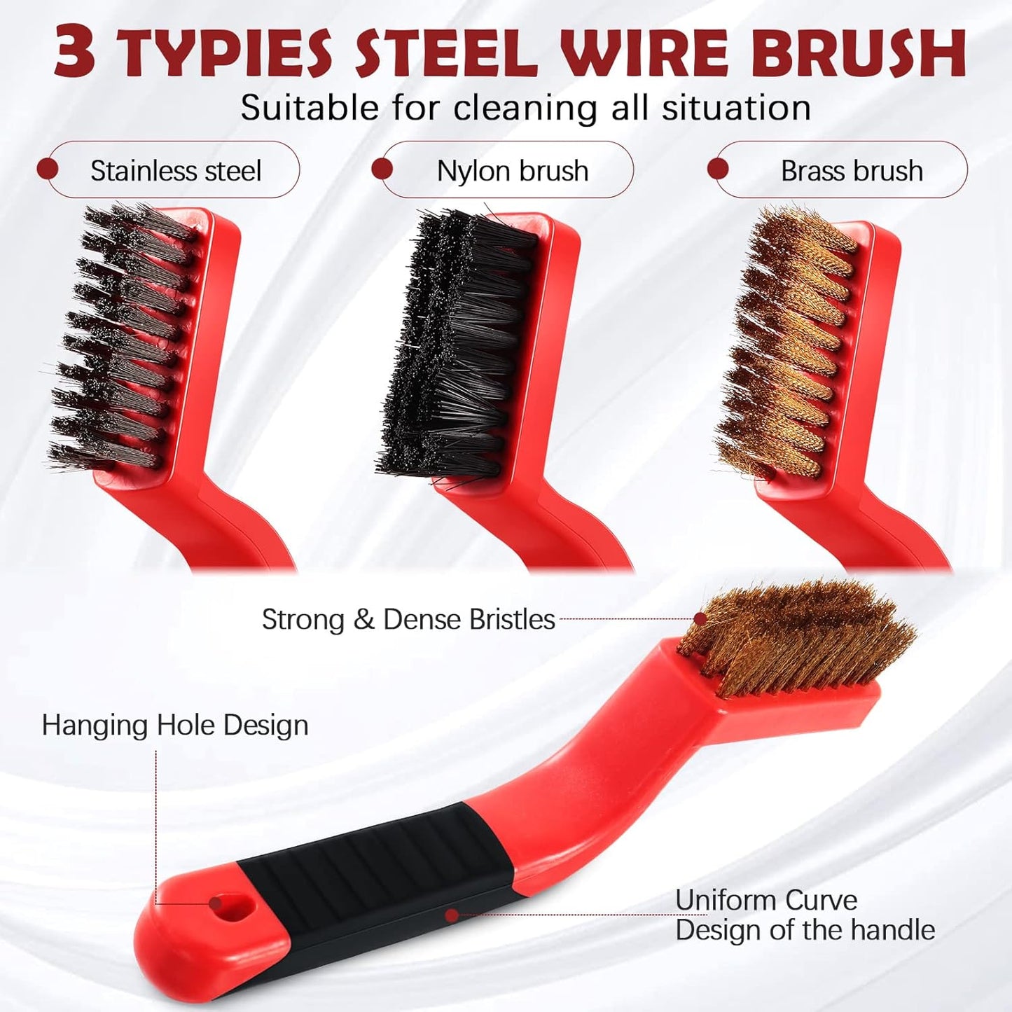 Sumind 30 Pcs Wire Cleaning Brush Set Nylon/ Stainless Steel/ Brass Metal Brush with Curved Handle Grip Paint Remover for Cleaning, Rust, Drill, Scrub, Grout Cleaner Tool (Red and Black)