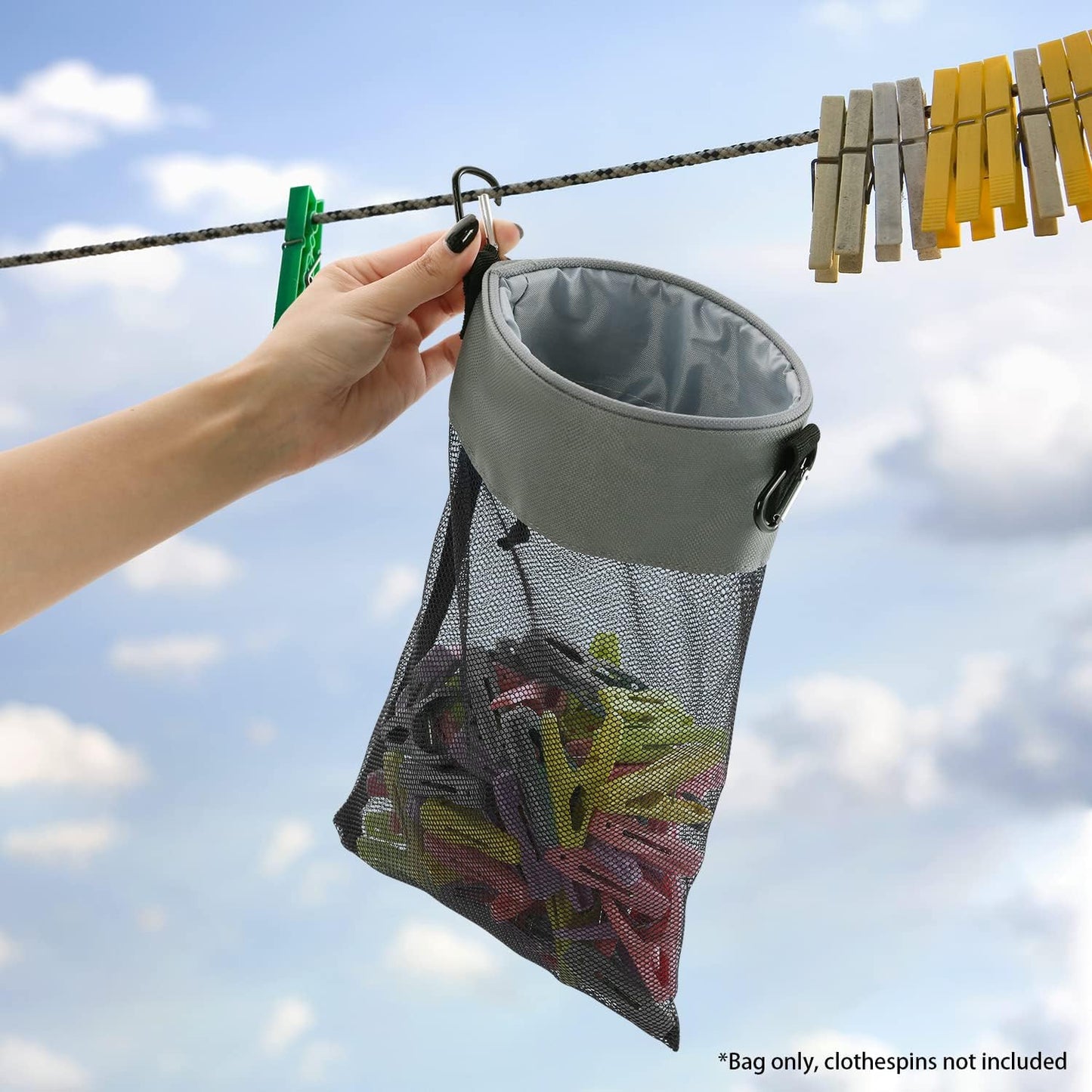 Mesh Clothespin Bag with Hooks Hanging Clothes Pin Bag with Drawstring Closure Clothespin Holder, Ventilation and Moisture Resistance, Storage Organizer, Machine Washable (Gray)
