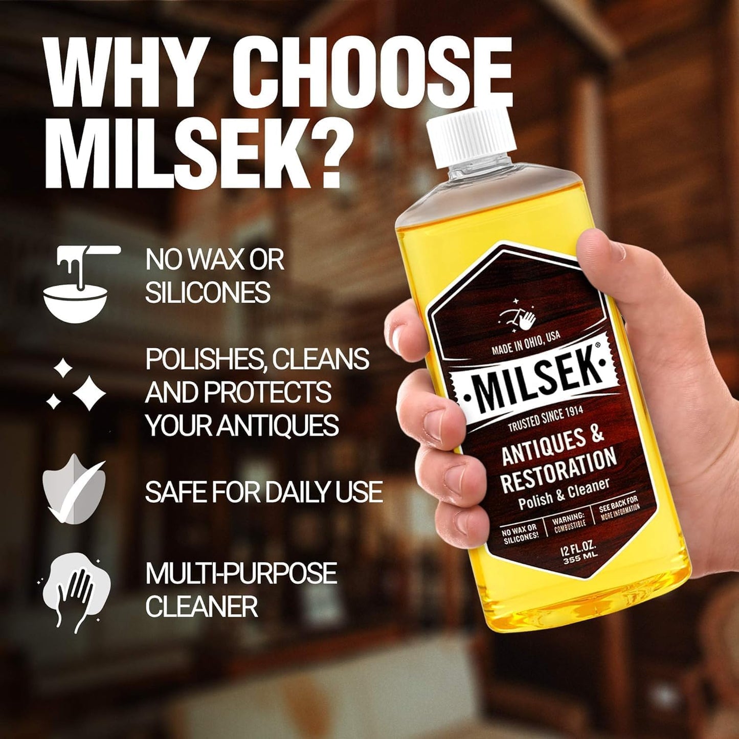 Milsek Antiques & Restoration Polish & Cleaner - Home Essential Cleaning Supplies for Home Improvement of any Wood Antiques or Heirlooms - 12 Fl Oz (Pack of 4)