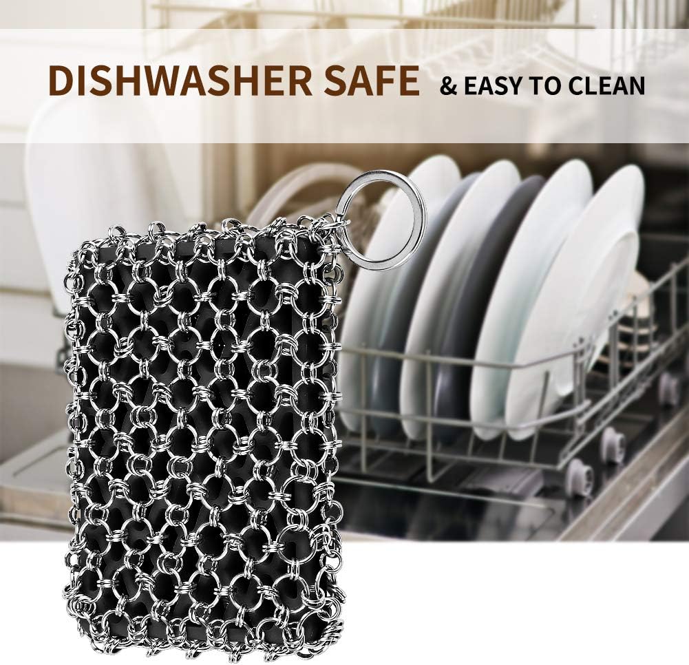 Herda 316L Cast Iron Scrubber Cleaner, Large Chainmail Scrubber for Cast Iron Pan - Chain Mail Scrubber Cast Iron Sponge - Metal Cast Iron Skillet Scrubber, Wok, Dutch Oven Cast Iron Cleaning Kit