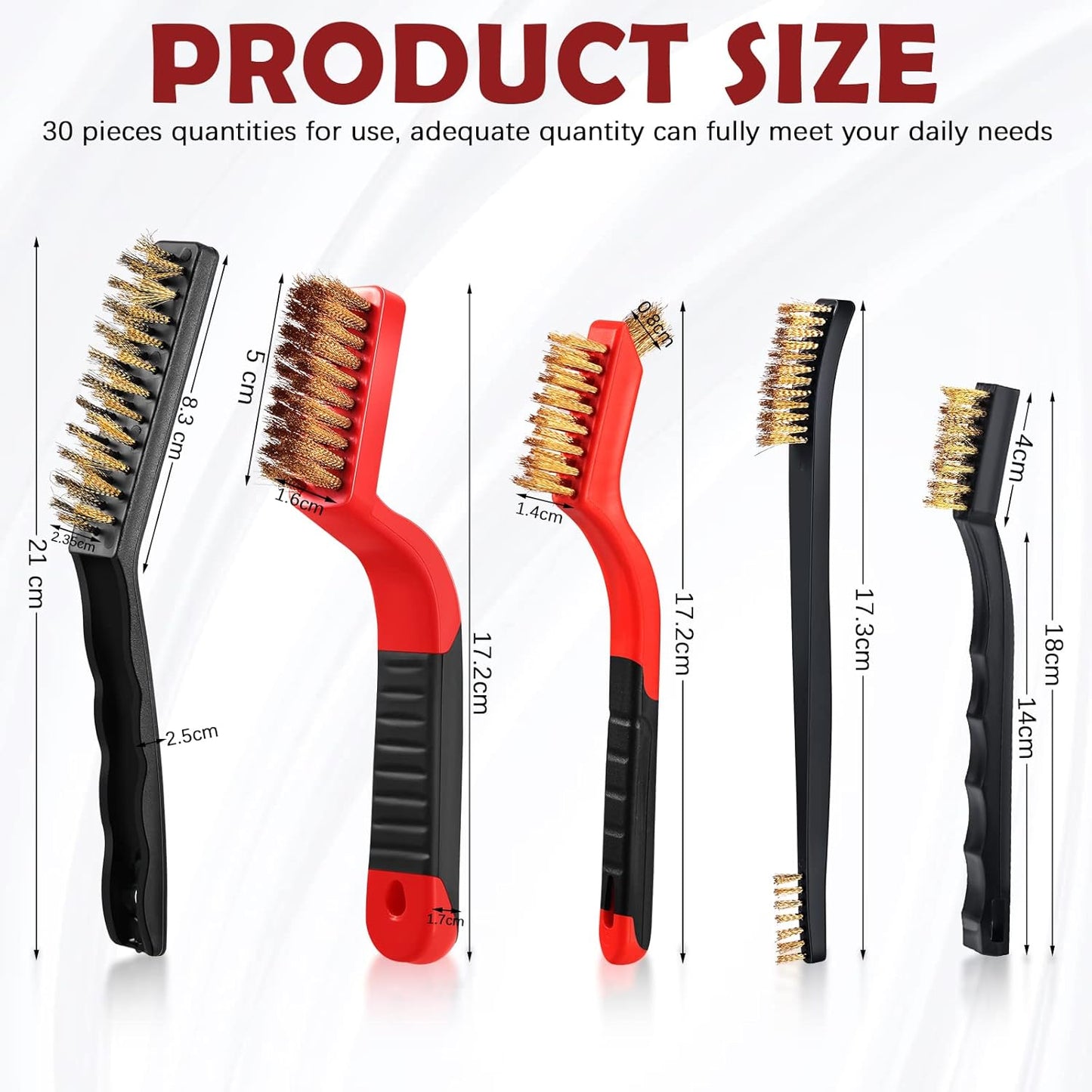 Sumind 30 Pcs Wire Cleaning Brush Set Nylon/ Stainless Steel/ Brass Metal Brush with Curved Handle Grip Paint Remover for Cleaning, Rust, Drill, Scrub, Grout Cleaner Tool (Red and Black)