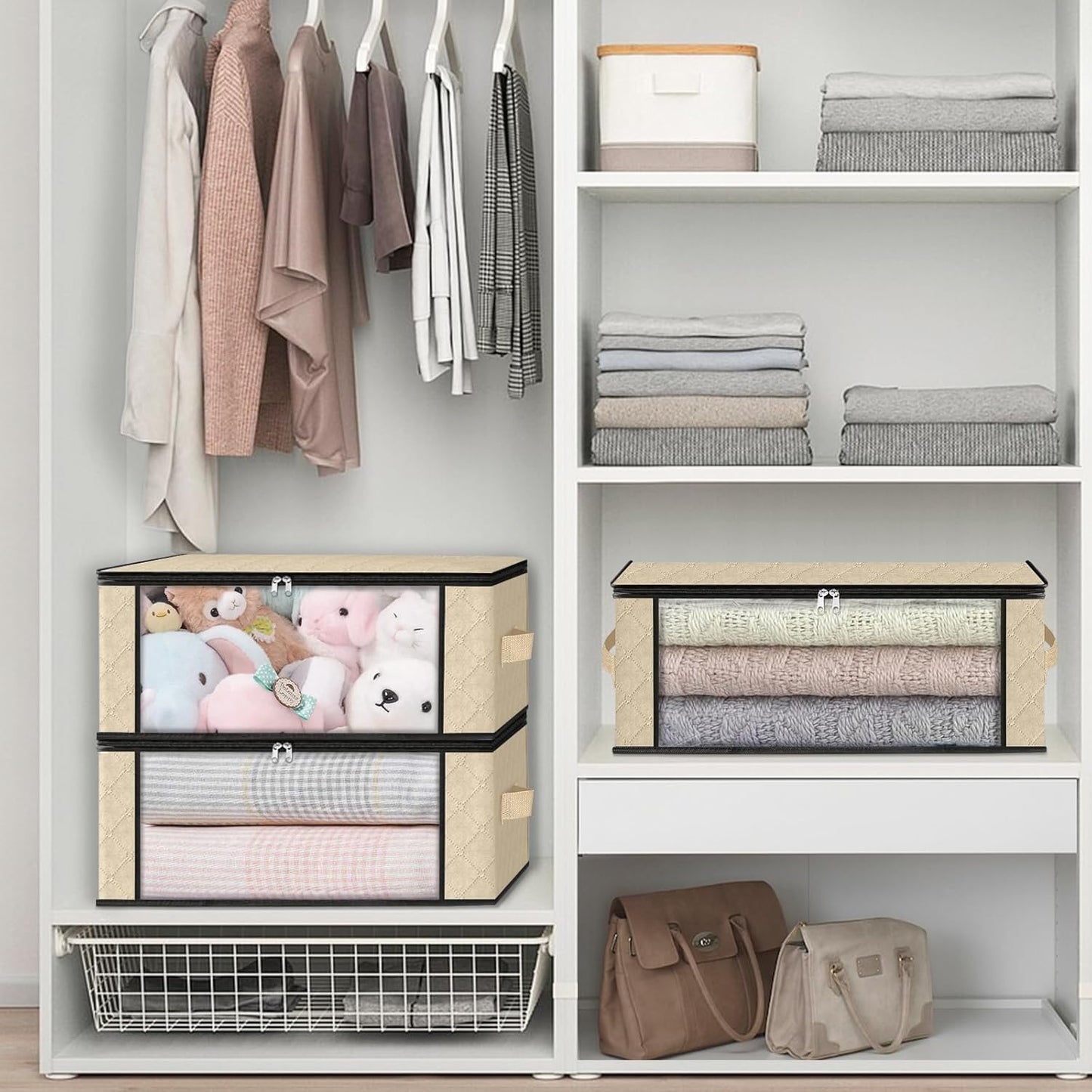 HomeHacks Storage 6-Pack Clothes Organizer Storage Bags Foldable Storage Box with Large Clear Window Sturdy Handles for Closet, Dorm, Pillows, Bedding, Clothes, Blankets, 35L, Beige