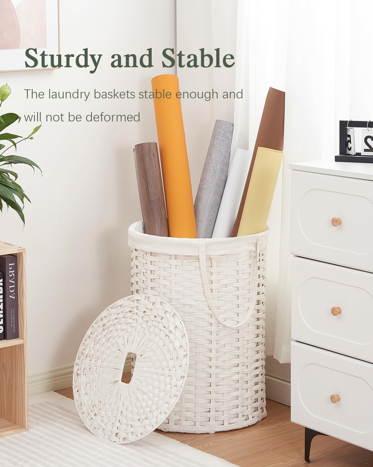 Laundry Basket with Lid Round Rattan Laundry Hamper with Lid and Handles 29.1 Gal (110 L) Handwoven Woven Basket with Removable Bags and 2 Mesh Bags for Bathroom Living Room White