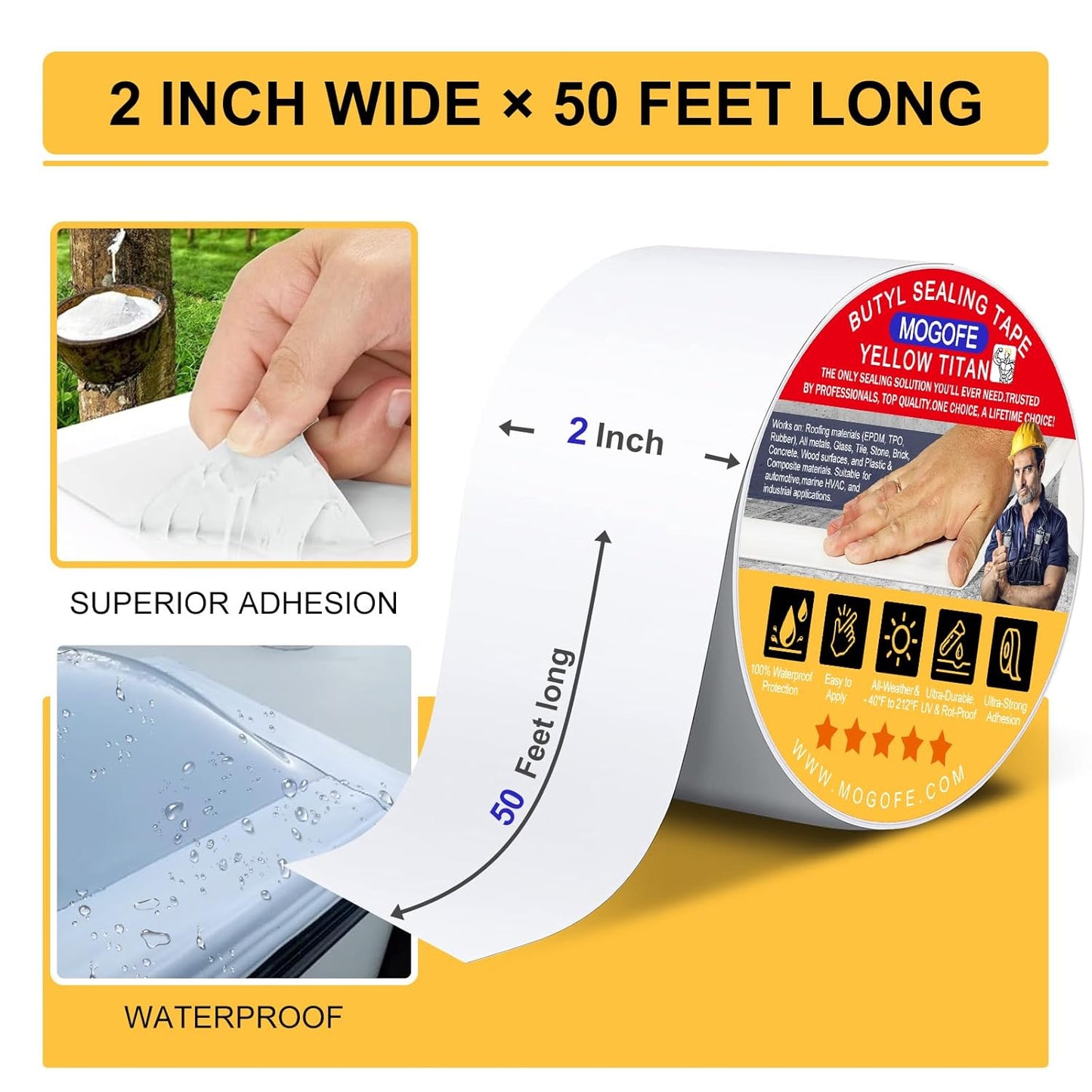 RV Roof Sealant Tape White, 2 Inch x 50 Feet RV Repair Roof Sealer Seal Tape UV-Resistant Waterproof Sealant Tape for RV Repair, Camper, Trailer, Boat Sealing, Leaking Roof, Window