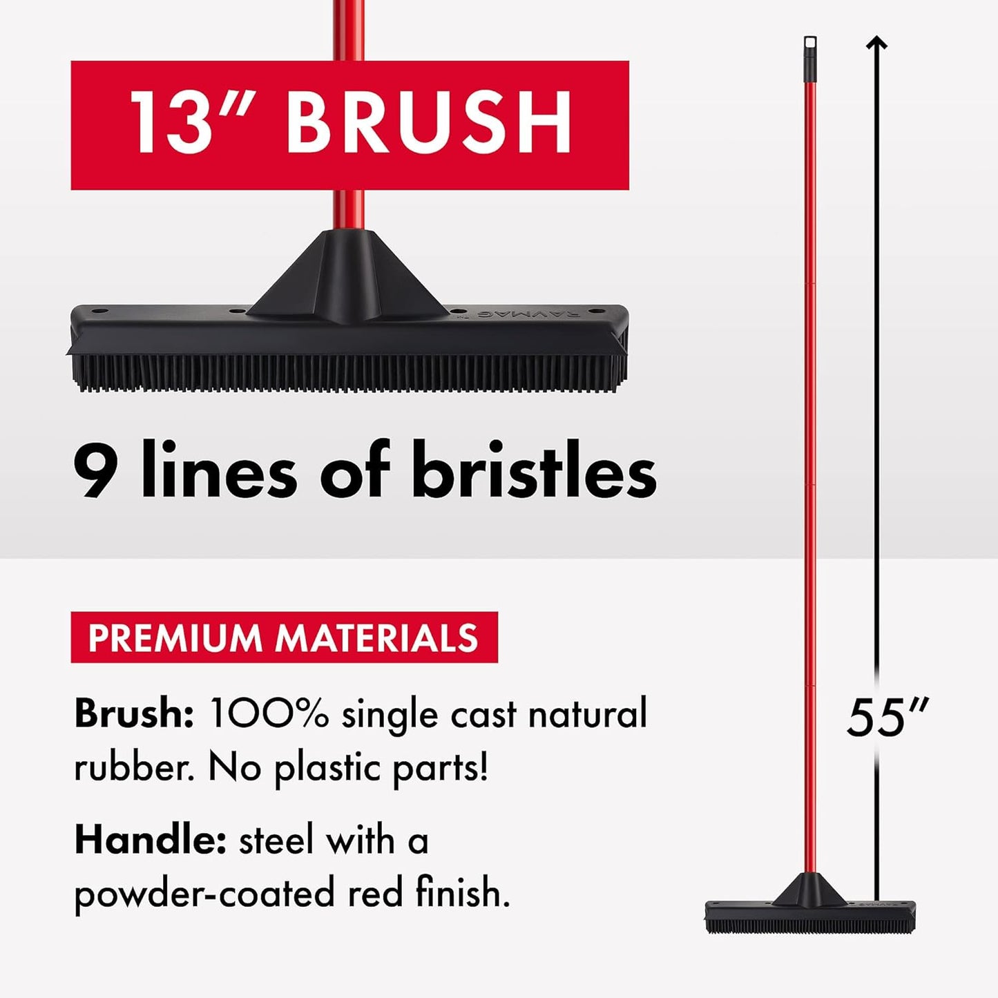 Pet Hair Remover Rubber Broom with Built in Squeegee - Carpet Rake for Pet Hair Removal on Hardwood Floor, Carpet & Tile - Picks Up More Dust & Debris - Rinse to Clean