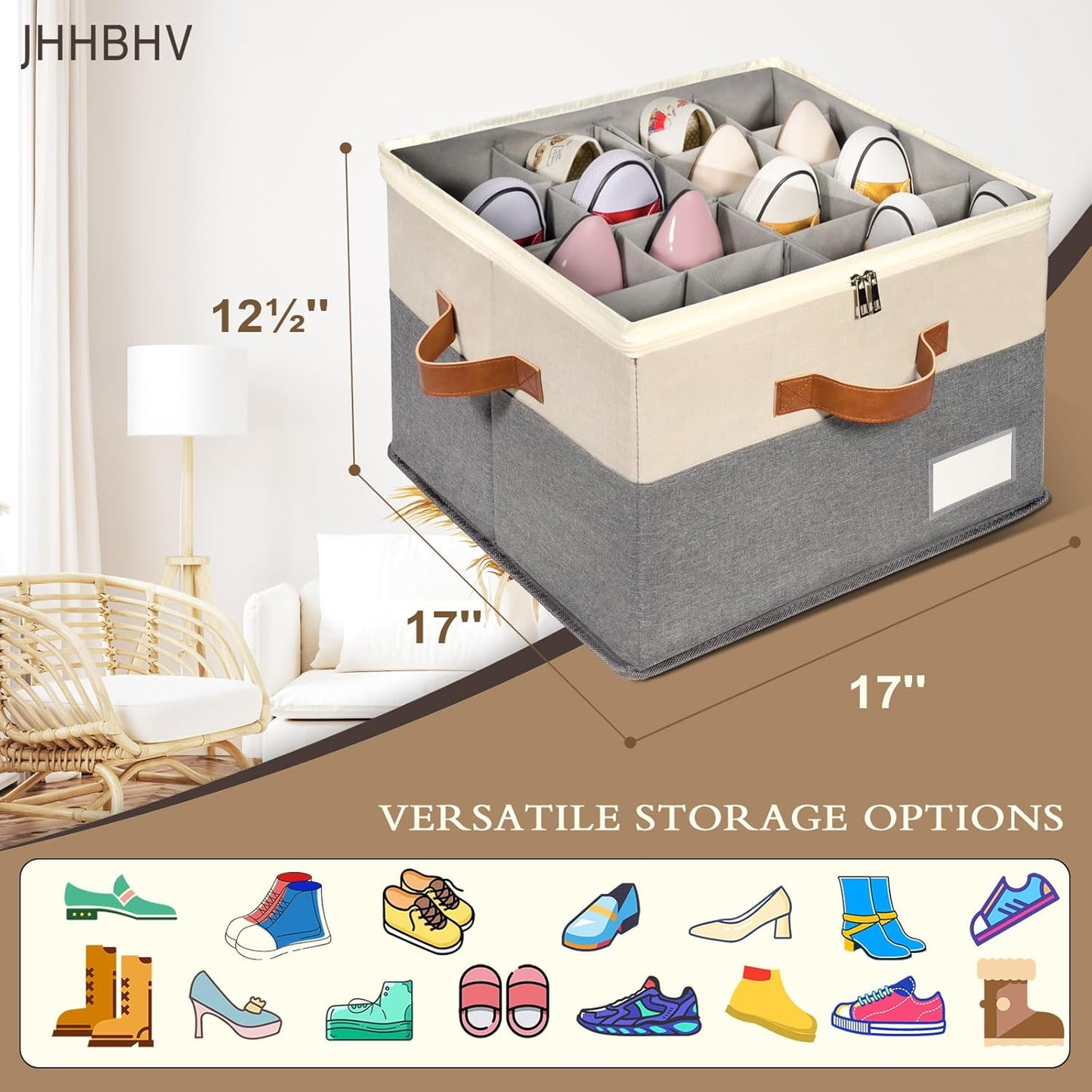 1 Pack Shoe Organizer for Closet, Adjustable Shoe Box Storage Containers, Large Foldable Shoe Bins with Clear Cover, Space Saving Shoes Holder with 4 Handles, Fits 8-16 Pairs, Beige