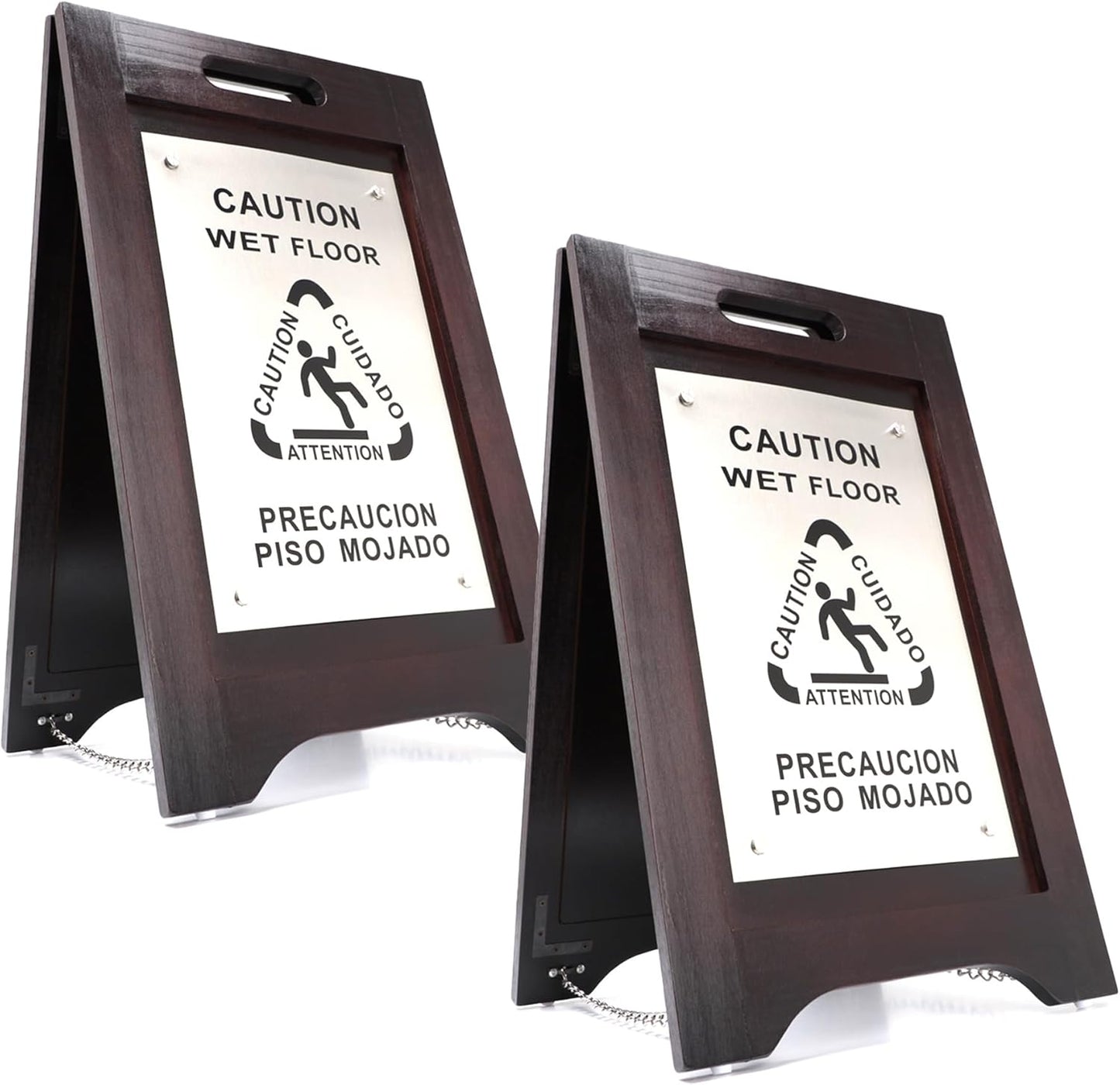 Premium Wooden Caution Wet Floor Sign – Bilingual w/Non-Skid Plastic Feet – For Hotels, Schools, Offices, Areas, Restrooms, Pool Decks - Brushed Nickel Plate - (2 Pack)
