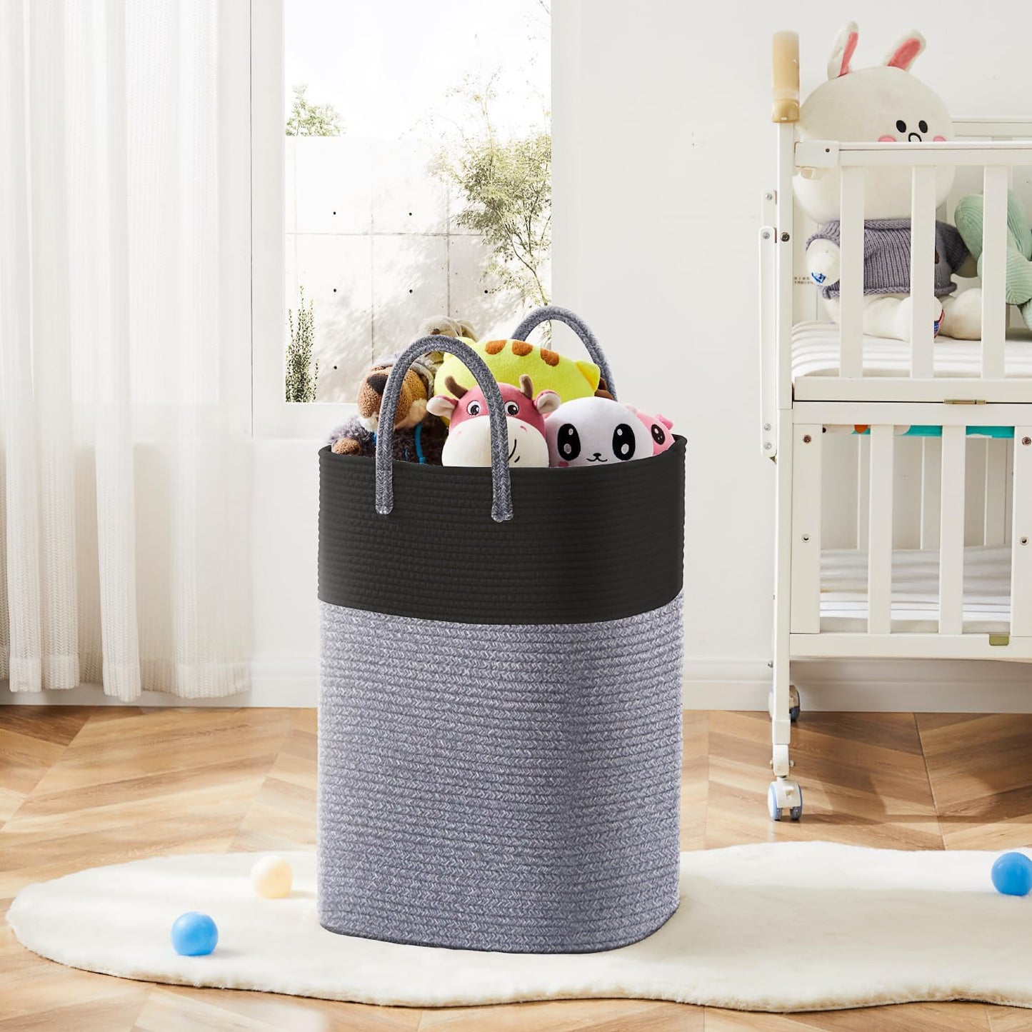 Laundry Basket,Woven Cotton Rope Laundry Hamper,Versatile Storage for Dirty Clothes,Baby Toys,and Blankets in Bathroom, Nursery,and Living Room (Black, 100L)