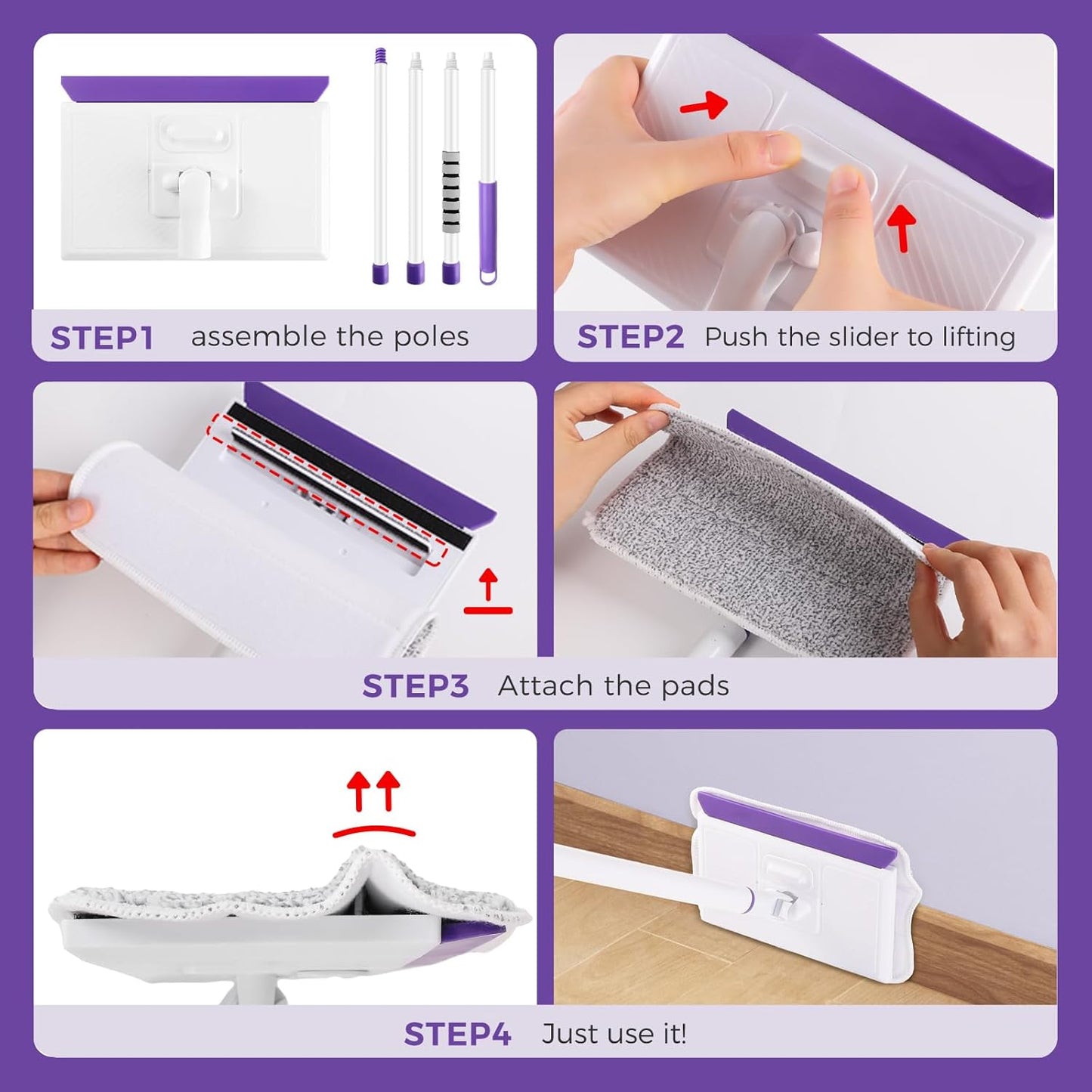 Baseboard Cleaner Tool with Handle 2.0, 60" Extendable Long Handle, Dust Trapping and Locking, 5 Reusable Pads, Purple Base Boards Cleaning Tool for Moldings, Wall, Floor, Bathroom, Kitchen