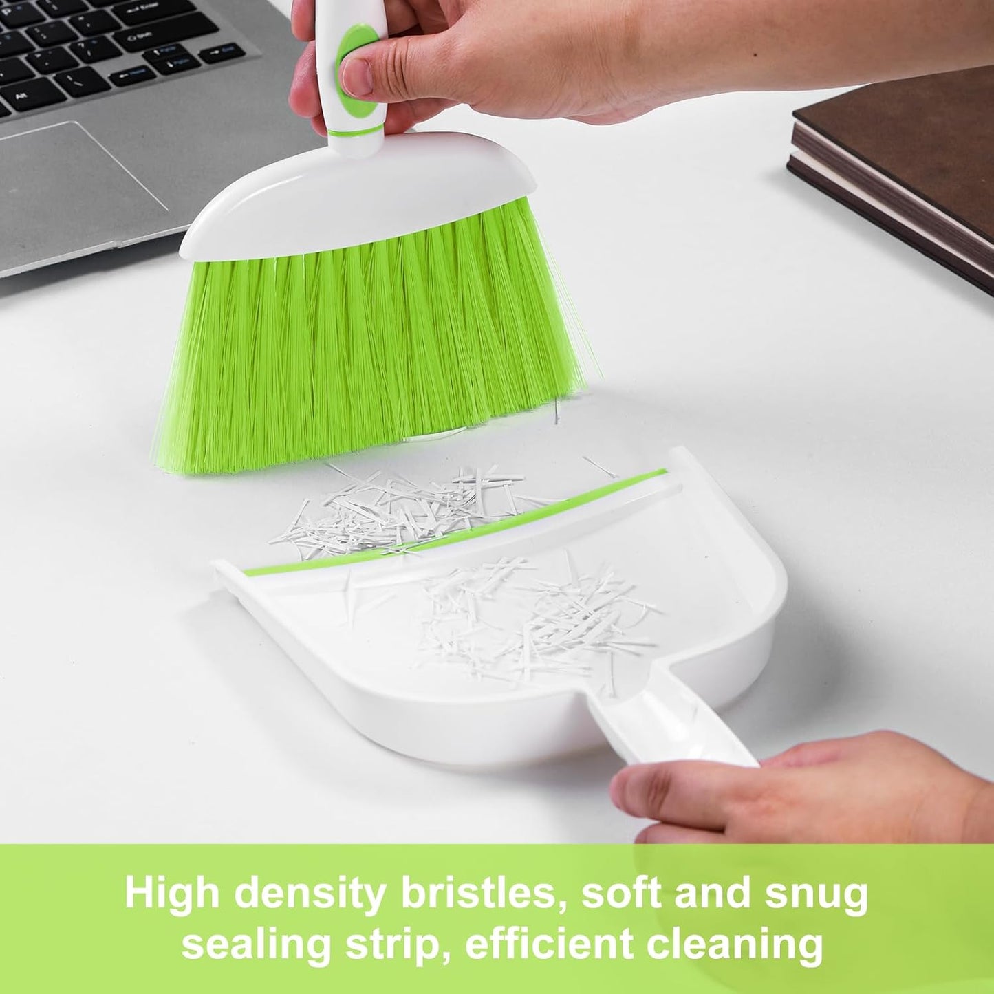 NACENA Small Dust Pan and Brush Set, Mini Broom and Dustpan Set Small Hand Broom and Brush Combo Dust Pan with Teeth for Home Cleaning Drawers Desktop Sofas Pet Care and Outdoor, Green