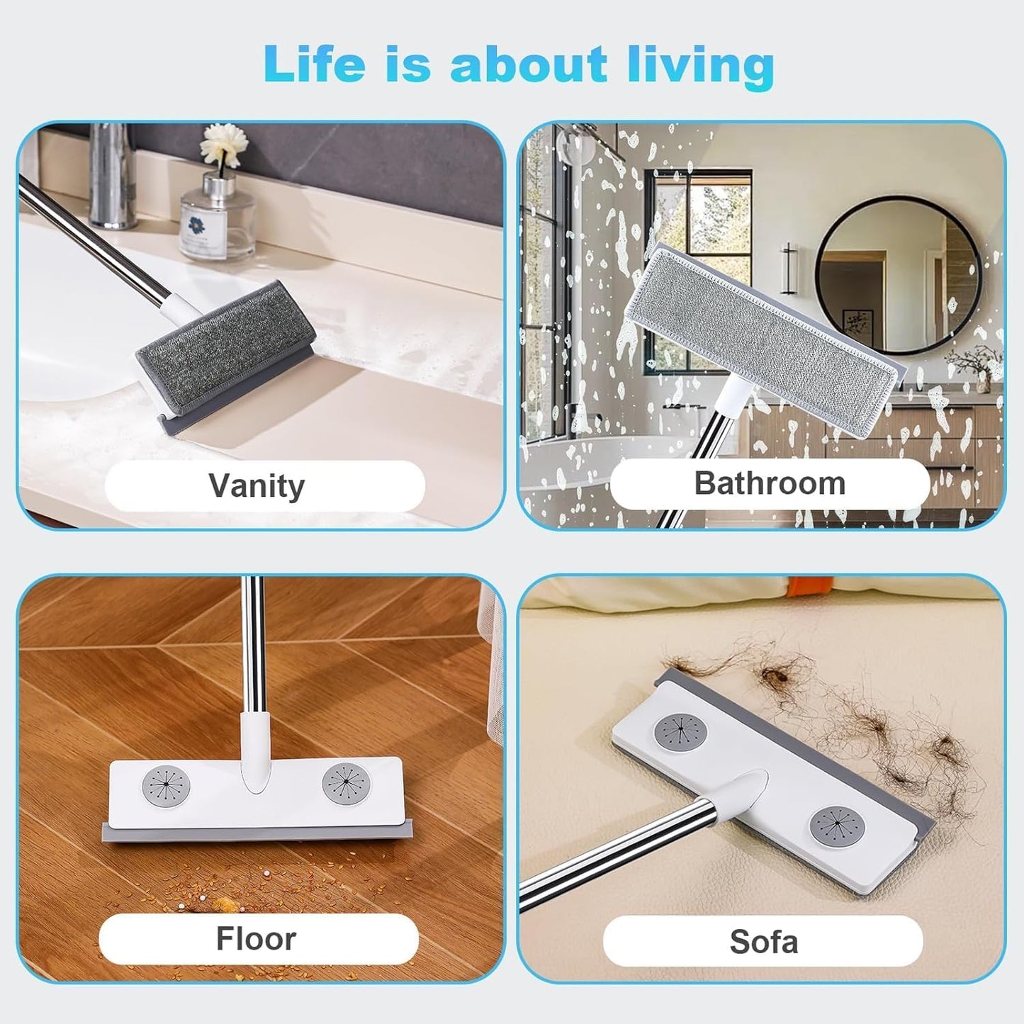 IMHO Mesh Screen Cleaner, Glass Wiper, Dust Paper Clip,3 in 1 Wet and Dry Screen Cleaner with Long Handle Wiper for Shower, Glass, Floor, Tile Walls, Car Windshield, White