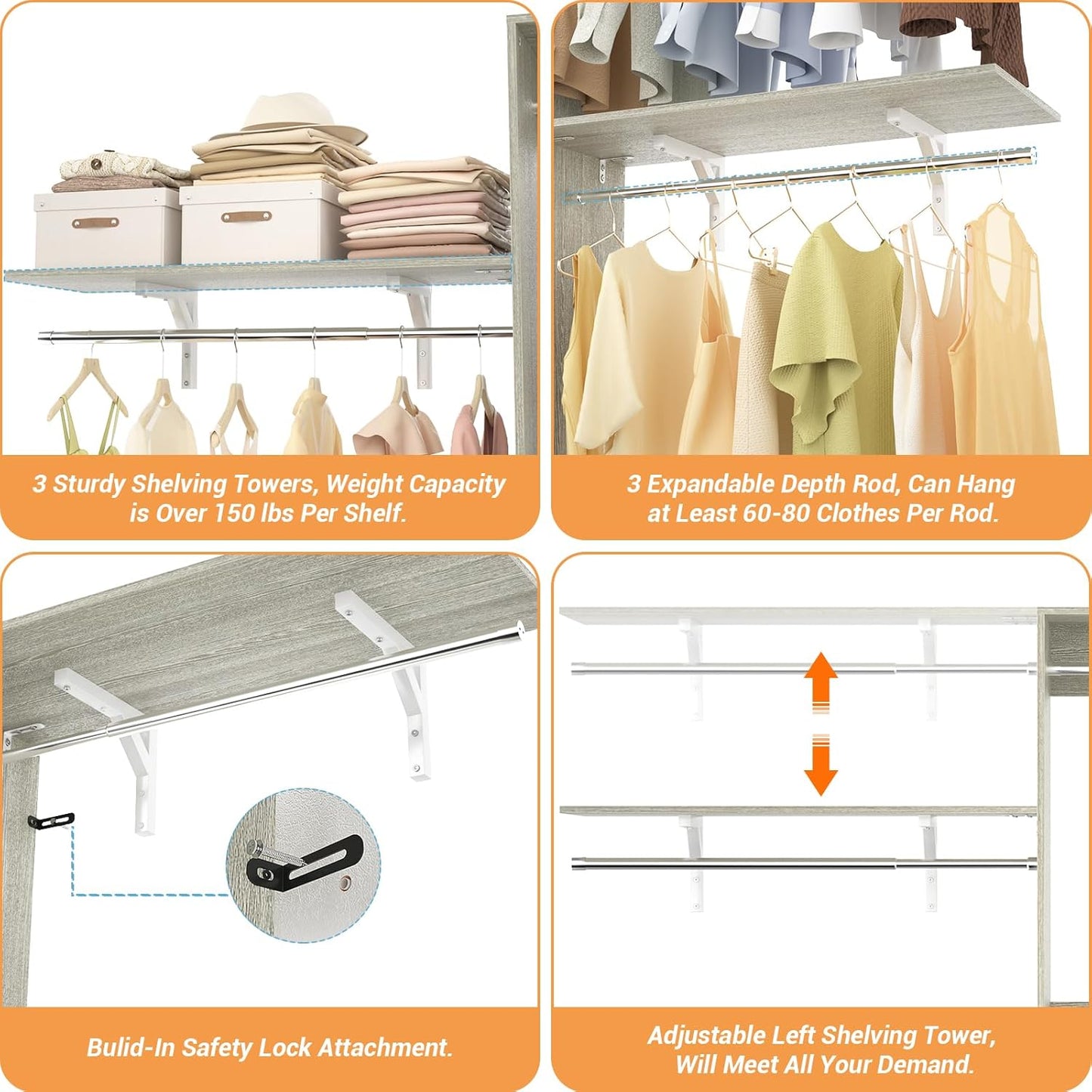 8FT Closet System with Shelves, 96'' Closet Organizer System with 3 Hanging Rods, Wall Mount Bedroom Wardrobe Walk-in Closet, Adjustable Cloth Garment Rack from 5 to 8FT(Cut to Fit), White Oak