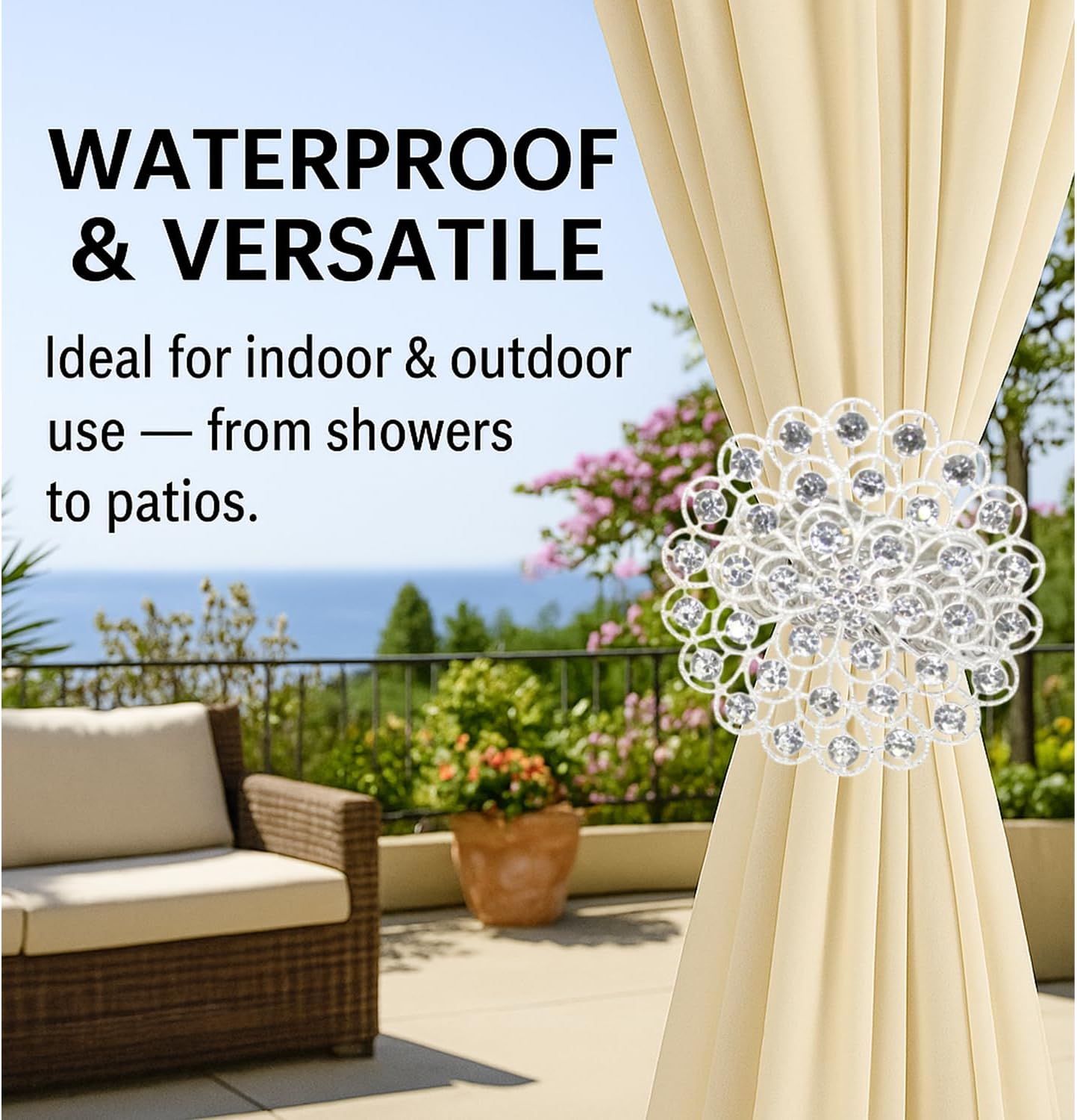 2 Pack Crystal Flower Curtain Tiebacks – Decorative Spring Wire Buckle Clips with Sparkling Rhinestone Flower Design, No Drilling, Easy Fit for Drapes & Sheers (Silver)