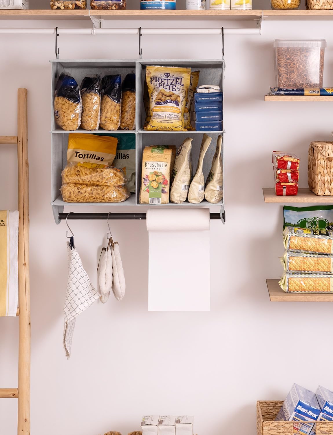 StorageWorks Hanging Closet Organizer with Metal Rod, 4-Section Closet Organizers and Storage, Collapsible Hanging Shelves for Closet, Bedroom, Kids Dorm Room, RV Camper, Gray and White