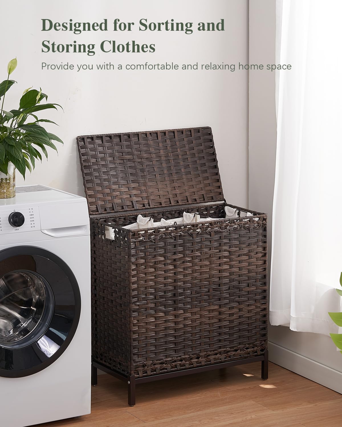 Laundry Hamper with Lid 132 L, (35 Gallons) Clothes Hamper with Lid, Handwoven Rattan Laundry Hamper with Metal Heightened Feet, Laundry Hampers with 3 Removable Liner Bags for Laundry-Brown
