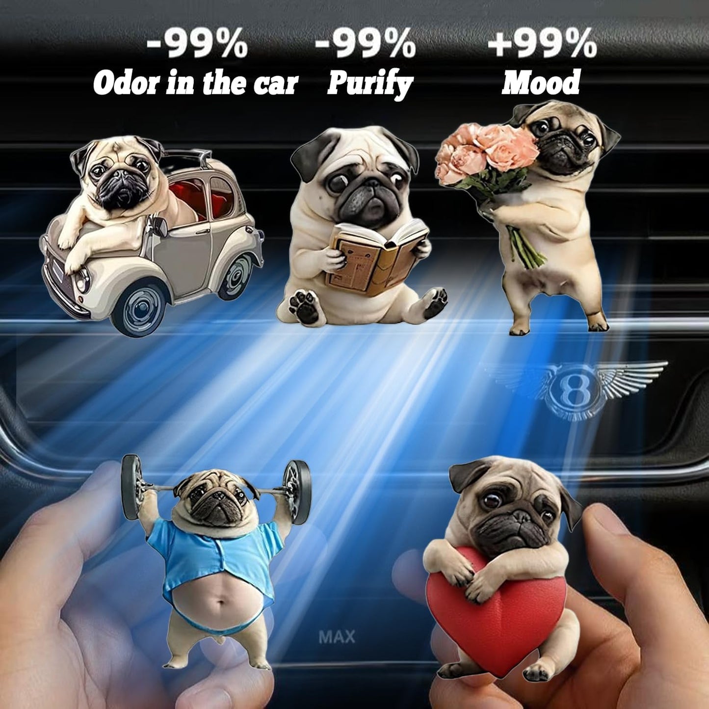 8PCS cute Pug acrylic car vent diffuser, 2D prank Havana cigar car diffuser, cute car freshener, fun and fashionable interior accessories, air outlet clip decoration