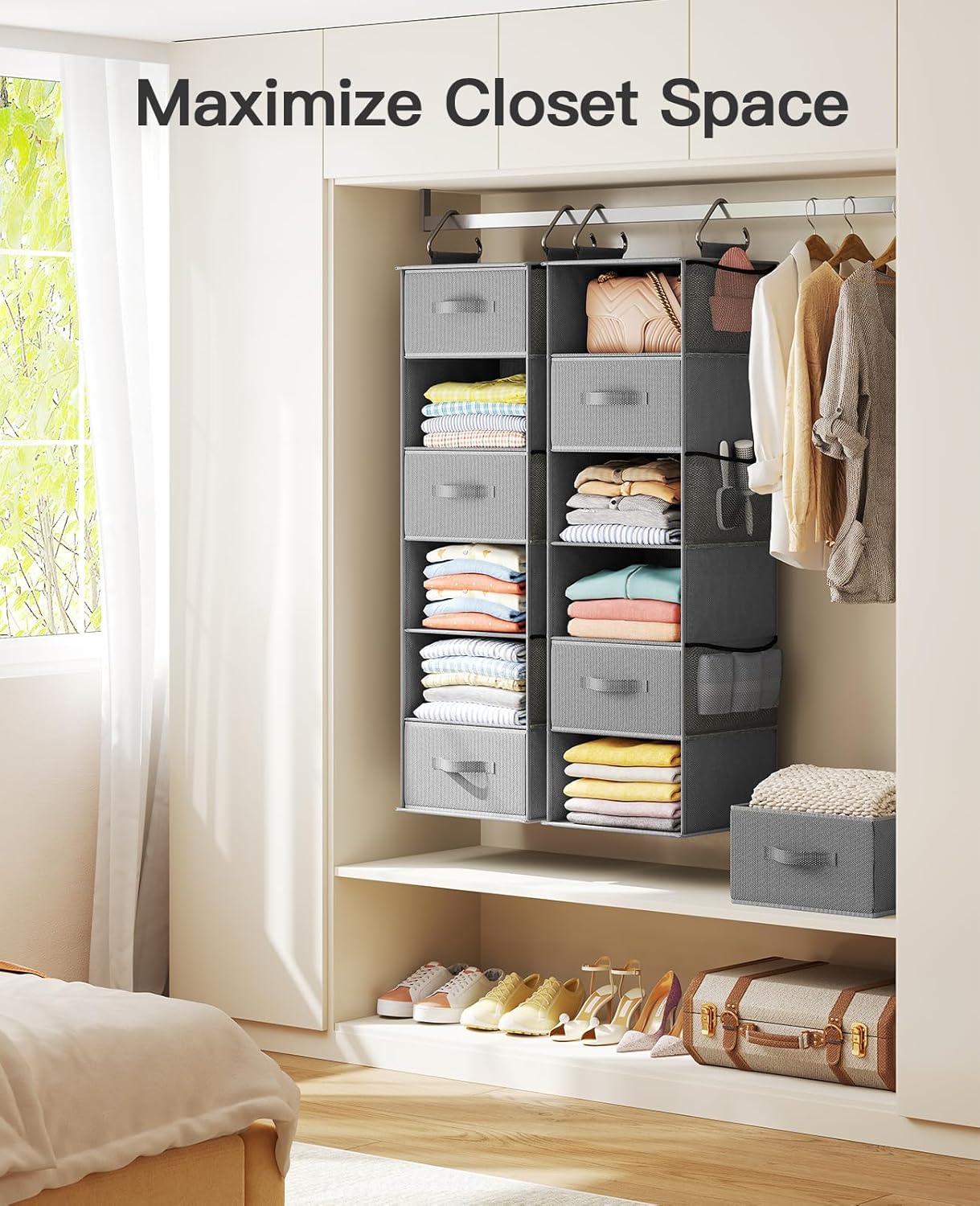 Pipishell Hanging Closet Organizer 6-Shelf, Hanging Shelves for Closet with 3 Removable Drawers & Side Pockets for Bedroom or Garment Rack, 12' x 12' x 43.3', Dark Gray