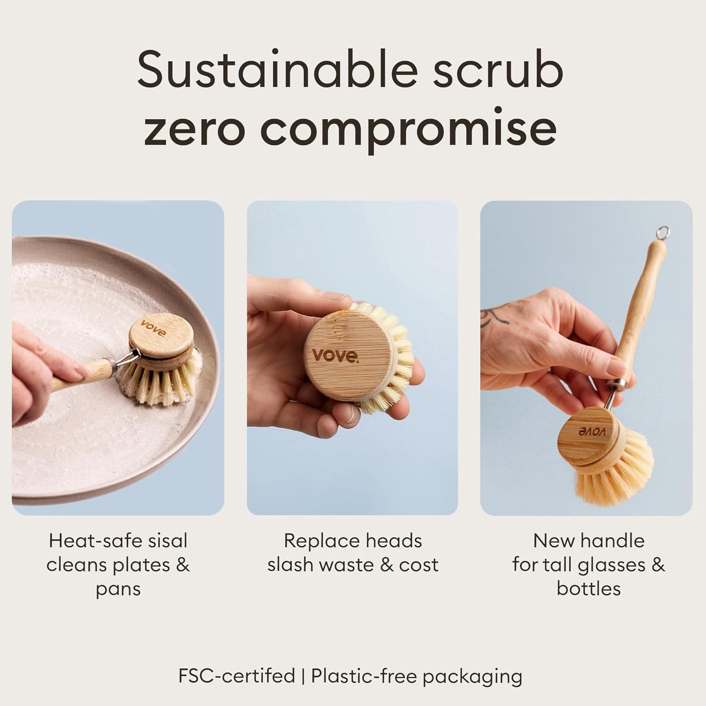 Vove Bamboo Dish Brush Replacement Heads, 4 Pack - FSC-Certified Bamboo - Natural Fiber Bristles - Compatible with Vove Dish Brush - Non-Toxic, Plastic-Free