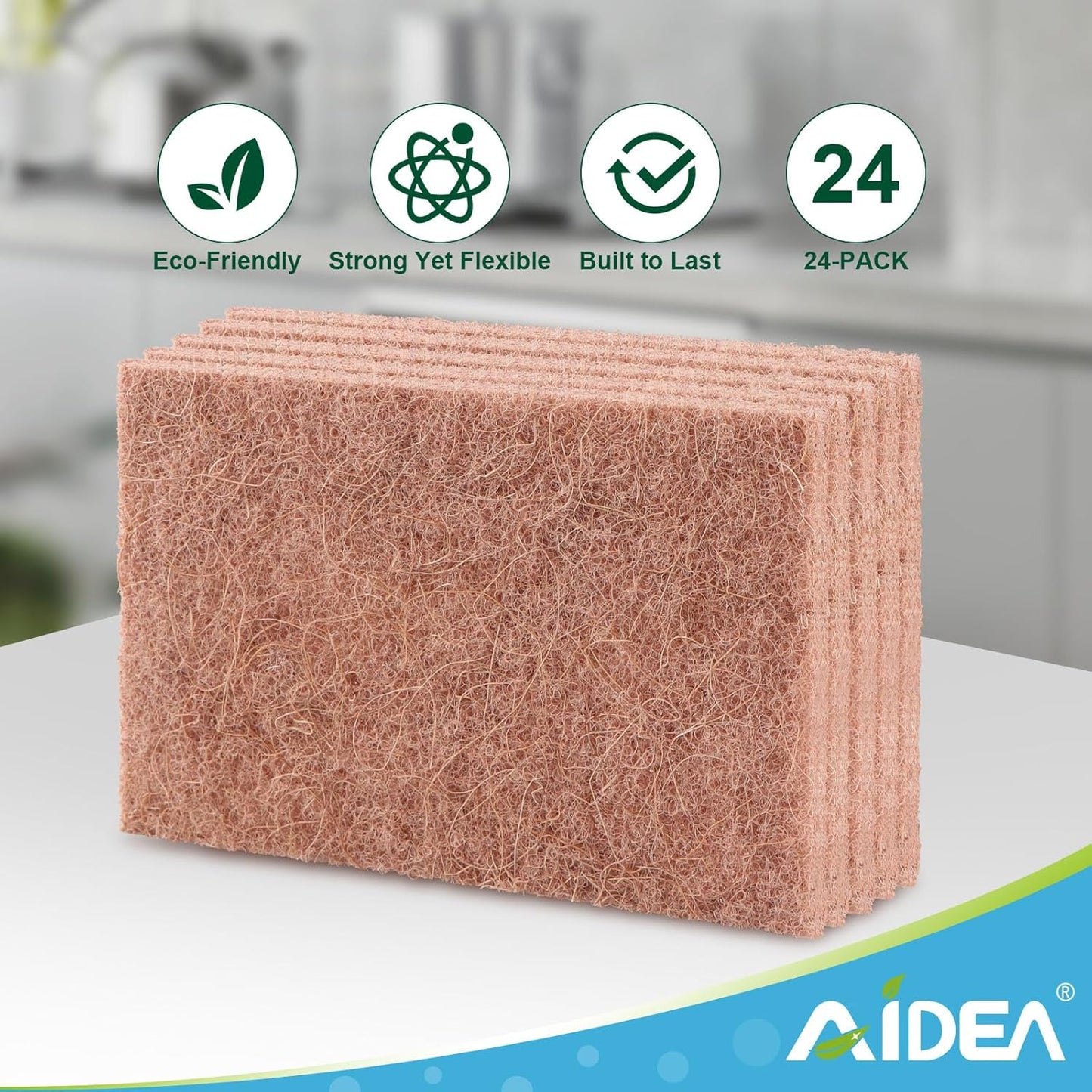 AIDEA Non-Scratch Natural Scouring Pads, Dish Scrubber Pads for Household and Kitchen, Cellulose Multipurpose Scour Pads for Cleaning -Natural Sisal Fibers, 24 Pack, 5.5in*3.5in